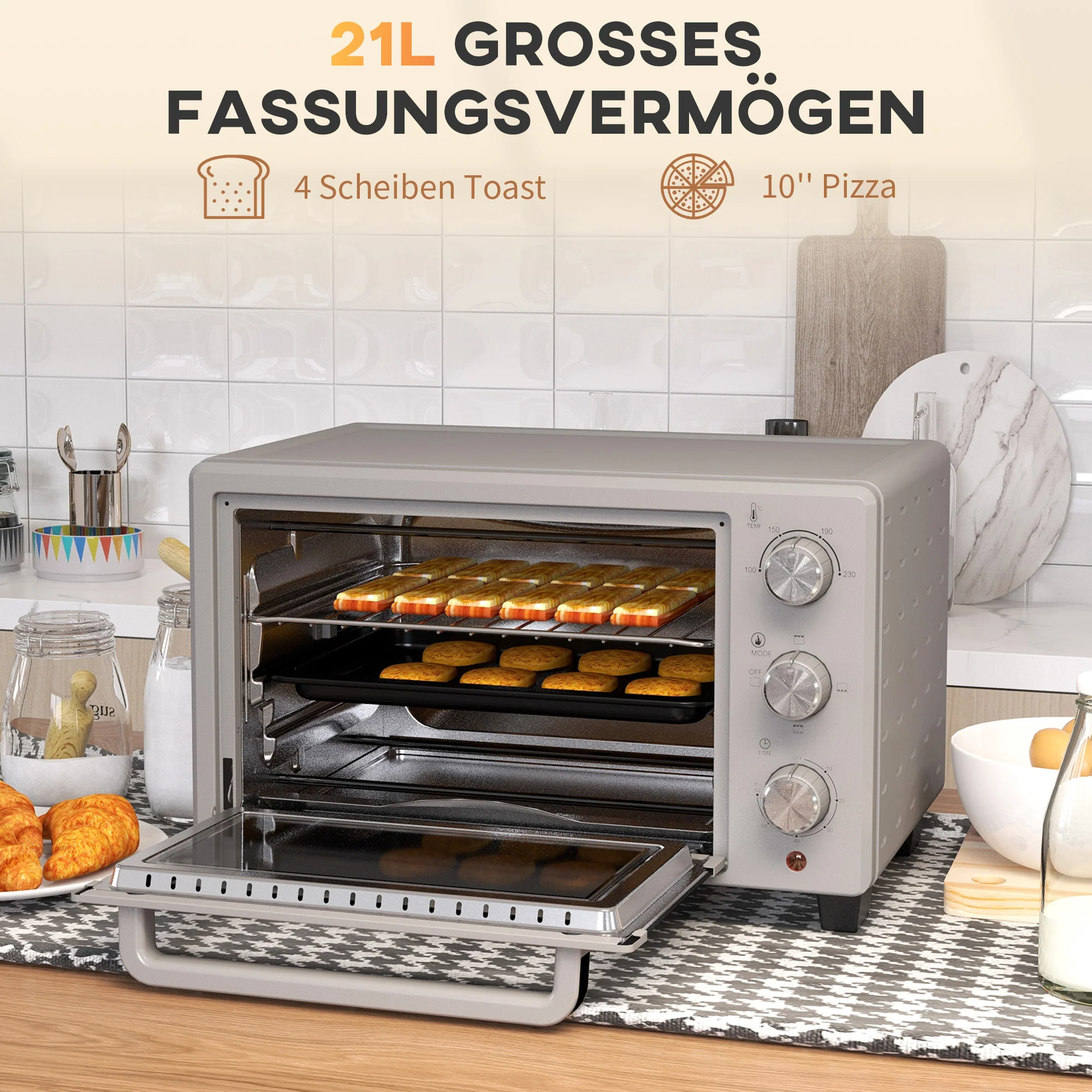HOMCOM Minioven, 21L, 3 Kookmodi, 100°C-230°C, Rost & Plaat, Roestvrijstaal/Glas, Zilver