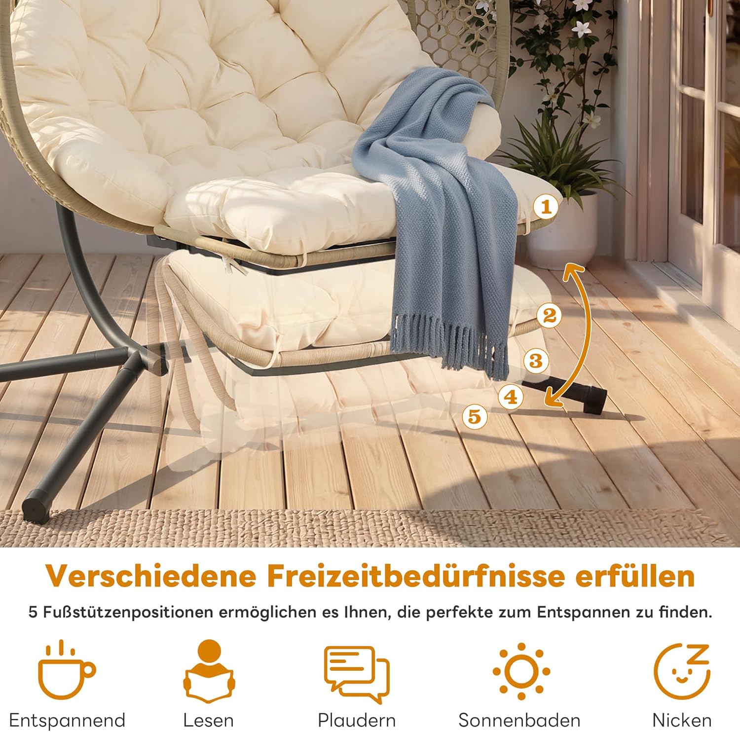 Doppelschaukelstuhl Ei-Form | Hängesessel mit Ständer, Fußauflage & Kissen | Gartenhängstuhl für Indoor & Outdoor | Belastbar bis 150kg (Beige)