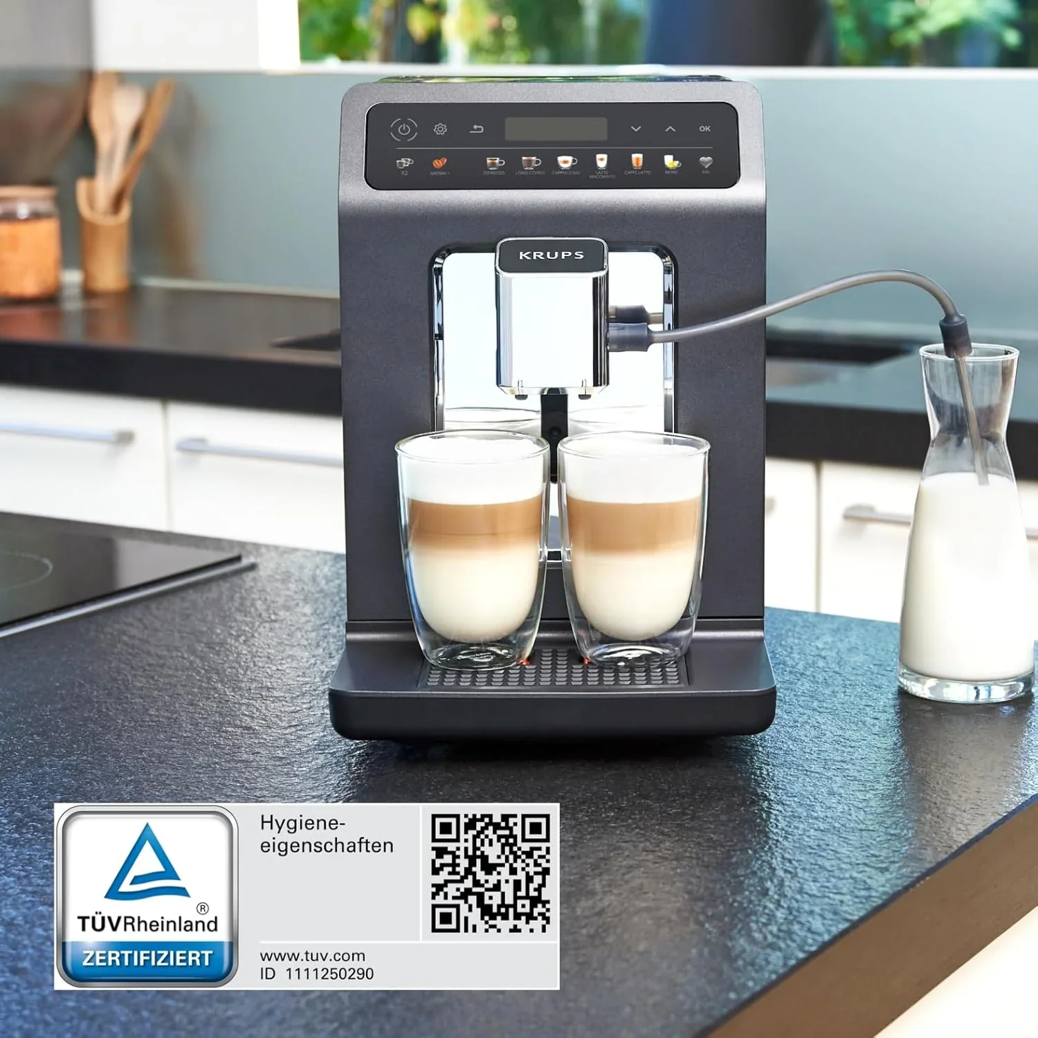 Krups Evidence One Kaffeevollautomat mit Milchschlauch, 12 Getr?nke, 2-Tassen-Funktion, Farbdisplay, Kaffeemaschine, T��V-Siegel, Schwarz, EA895N10, Meteor Graphit