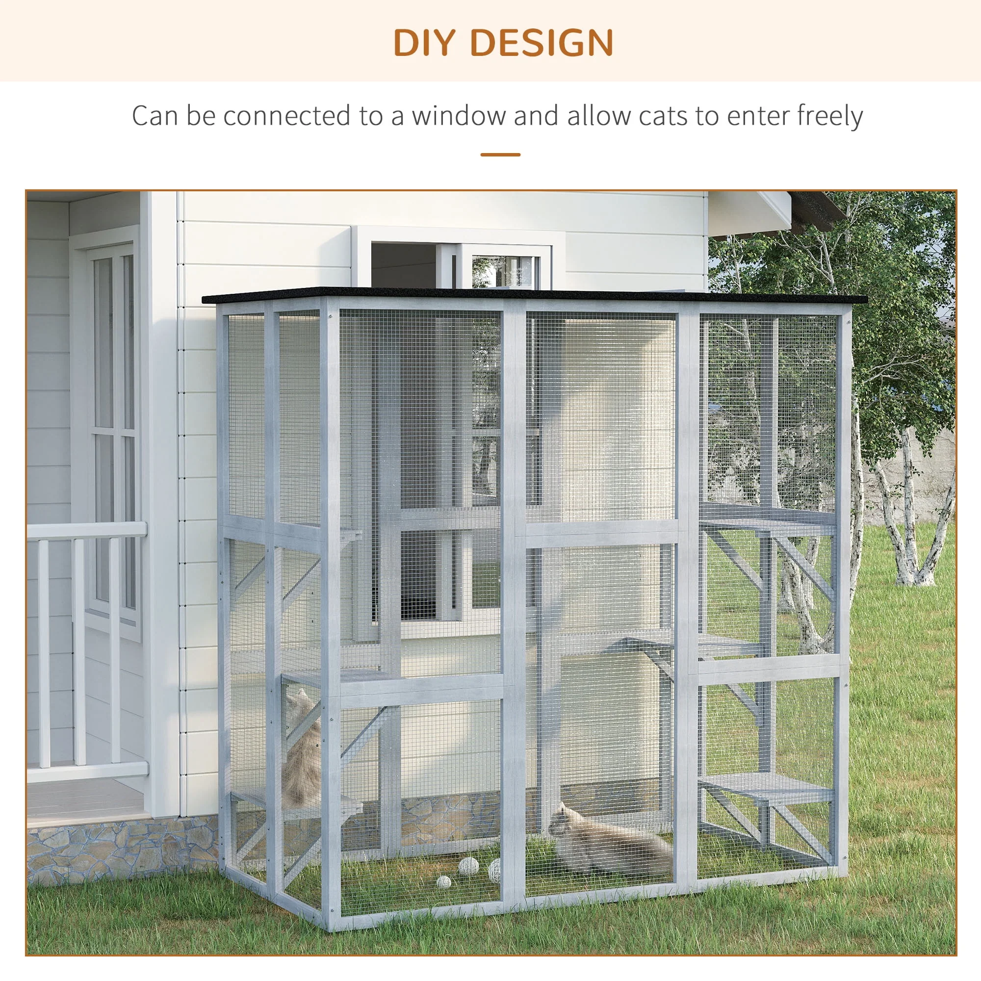 PawHut Wooden Catio Enclosure with Weather Protection, 6 Platforms, Outdoor, Large, 71