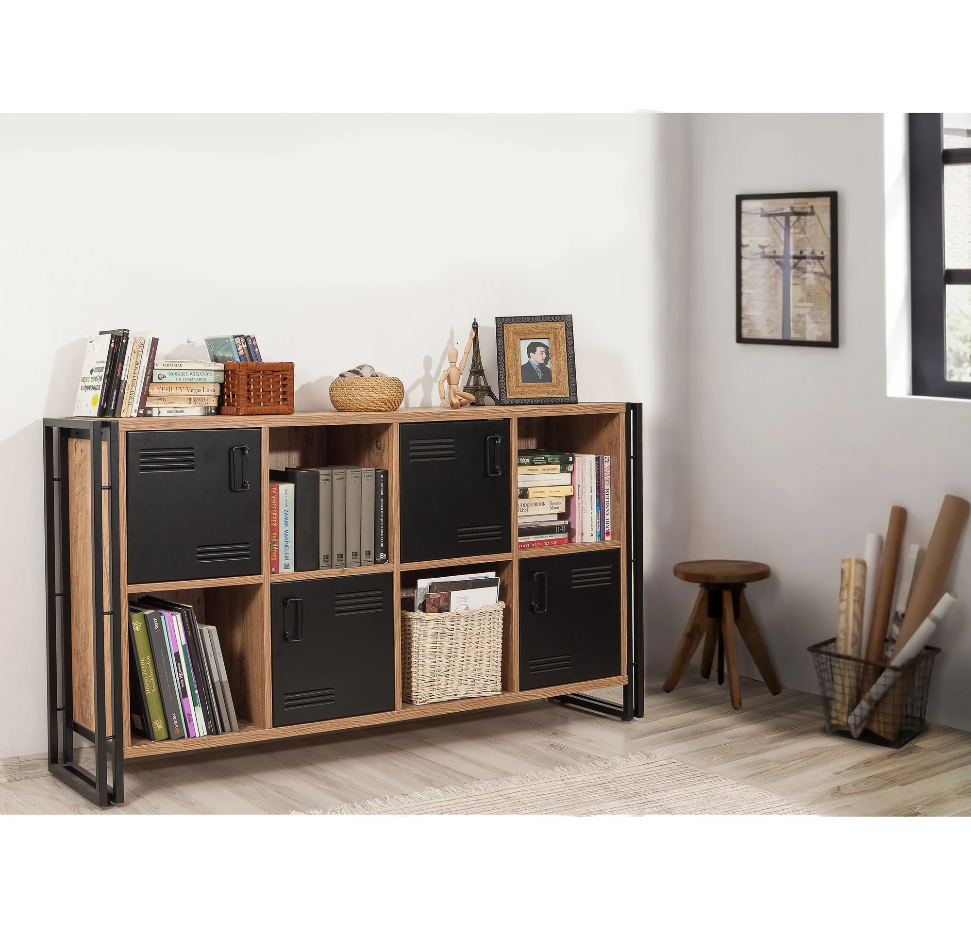 Libreria scaffale bassa a scacchiera industrial legno e metallo 8 vani cm 164x35x89h