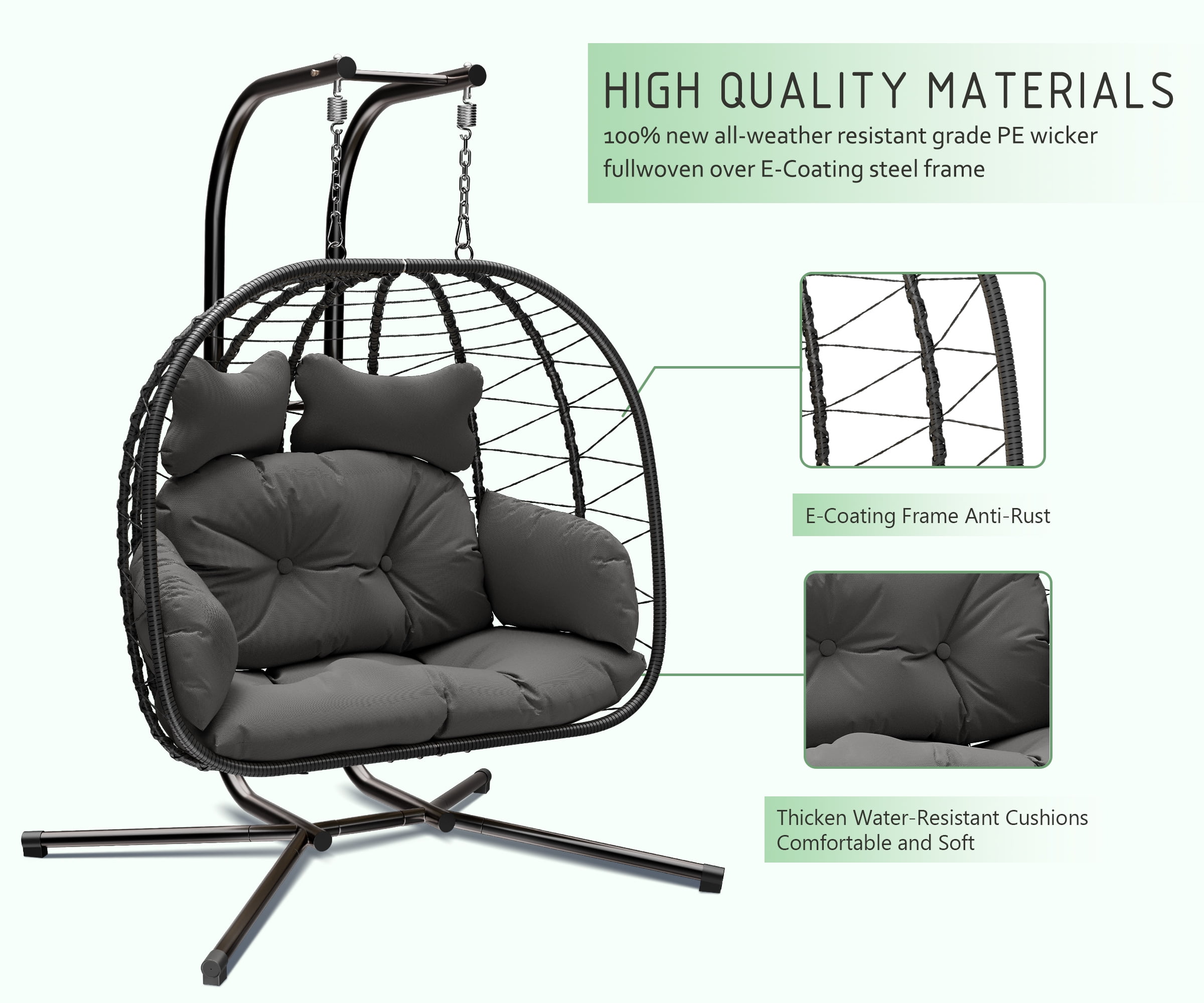 Bifanuo Double Wicker Swing Egg Chair Hammock Foldable Hanging Loveseat with Stand, UV Resistant Removable Cushions, 700LBS Capacity for Bedroom, Balcony (Black and Beige)