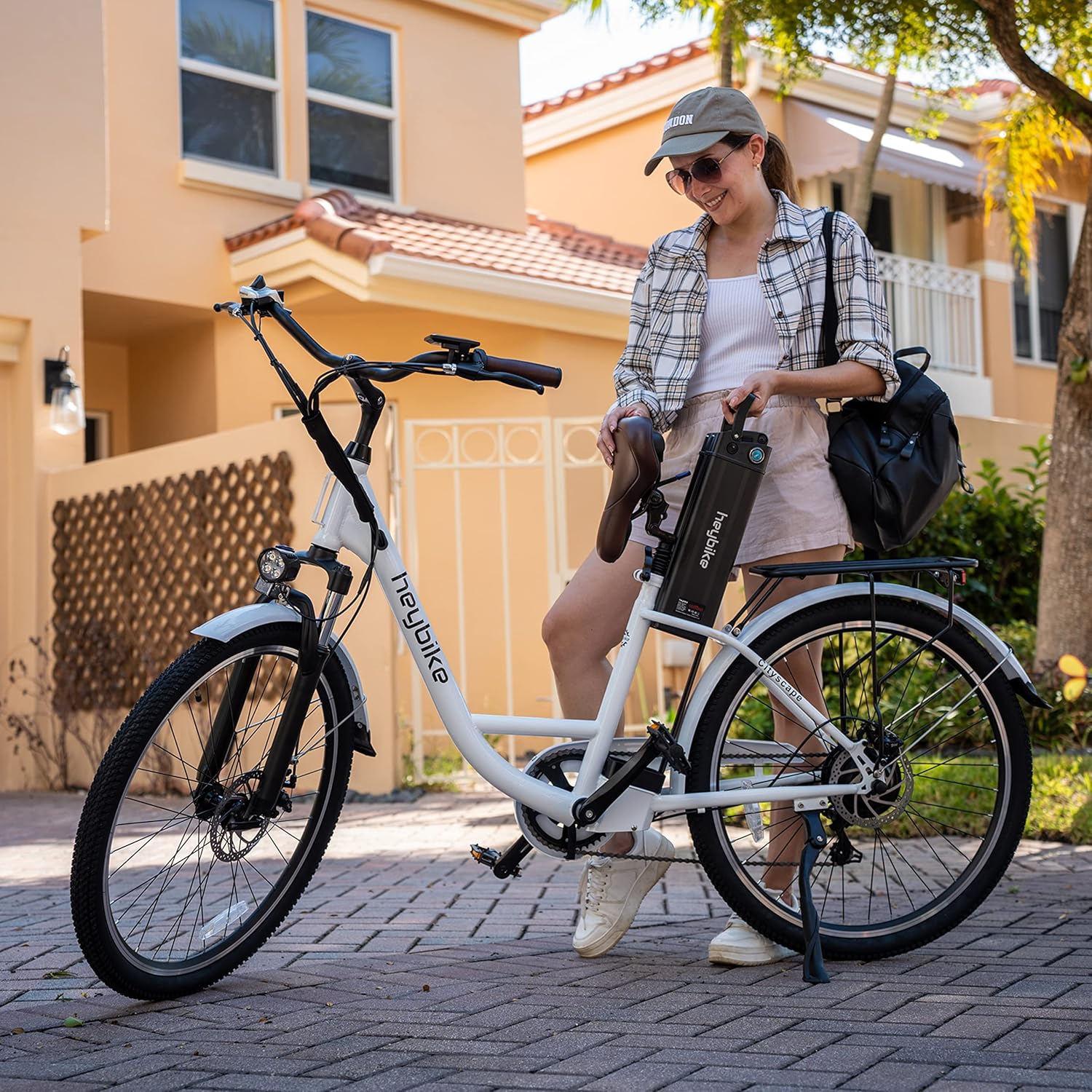 Heybike Cityscape Electric Bike 350W(Peak 500W) Electric City Cruiser Bicycle Up to 40 Miles Removable Battery, 7-Speed and Dual Shock Absorber, 26 Electric Commuter Bike for Adults