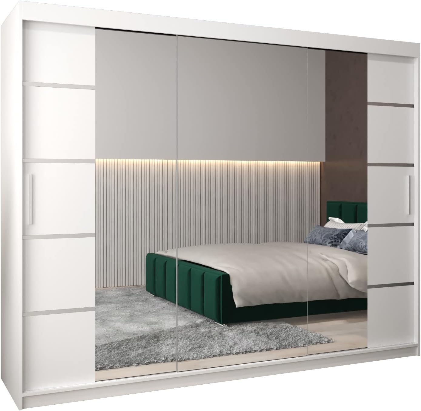 ABIKSMEBLE Verona 4 250 Armario de Dormitorios con Tres Puertas Correderas - Armario de Almacenamiento Moderno con Espejo, Perchero y Estantes - 250x200x62 cm - Blanco Mate