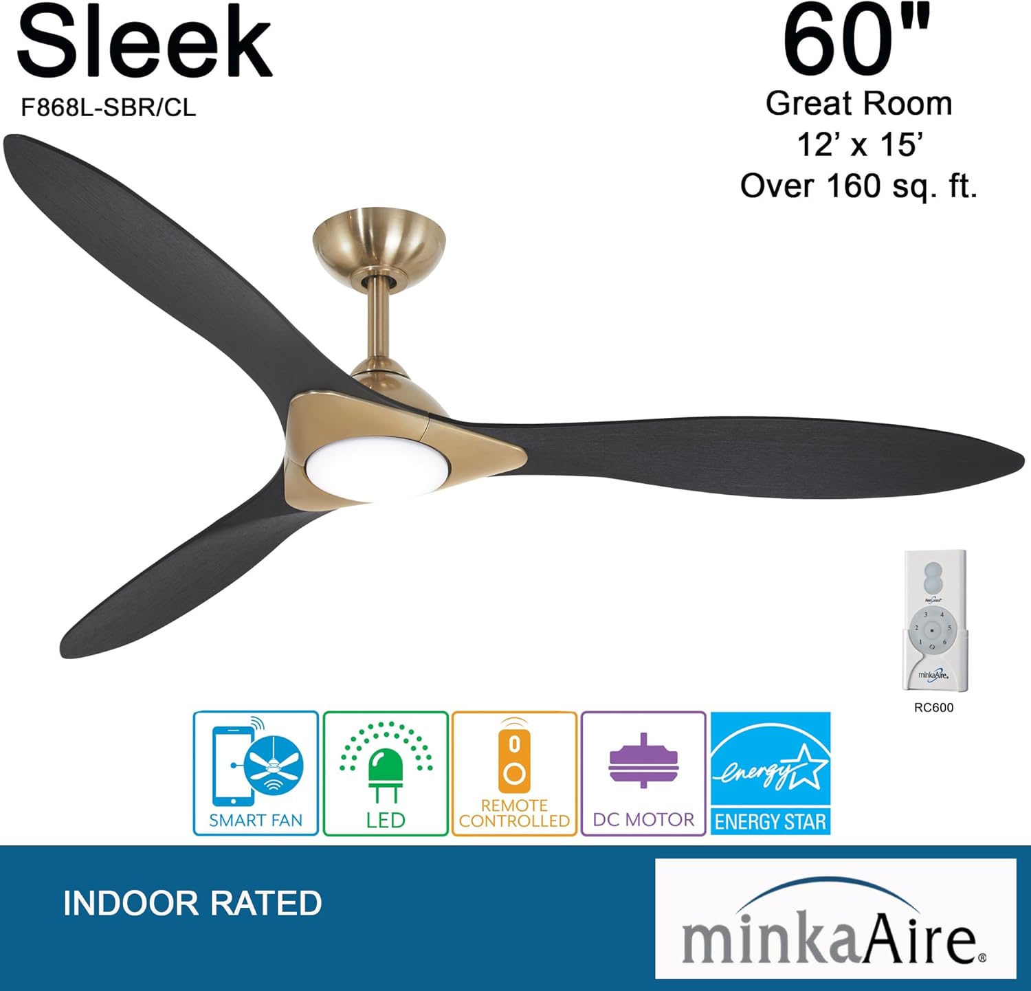 Minka-Aire Sleek 60′′ Ceiling Fan, Soft Brass/White, LED, Smart Remote/App Control, Energy Star Certified