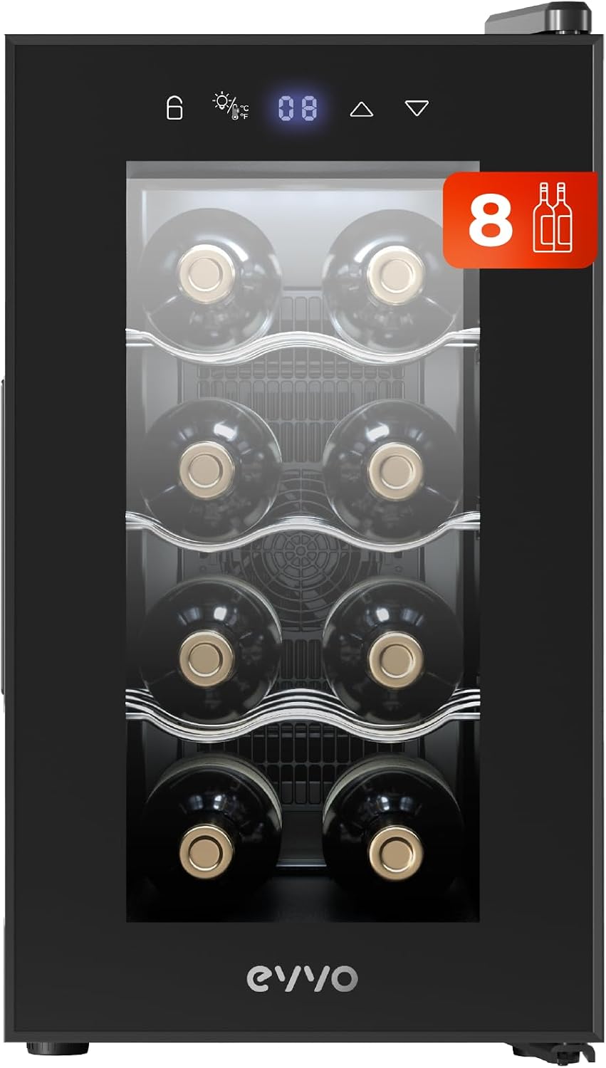 EVVO Vinoteca VT8 - Enfriador de Botellas de Vino, Nevera Pequeña para 8 Botellas, Enfriador de Vino Silencioso, Control Táctil, Luz LED, Botellero Vertical, Temperatura Ajustable 8-18ºC