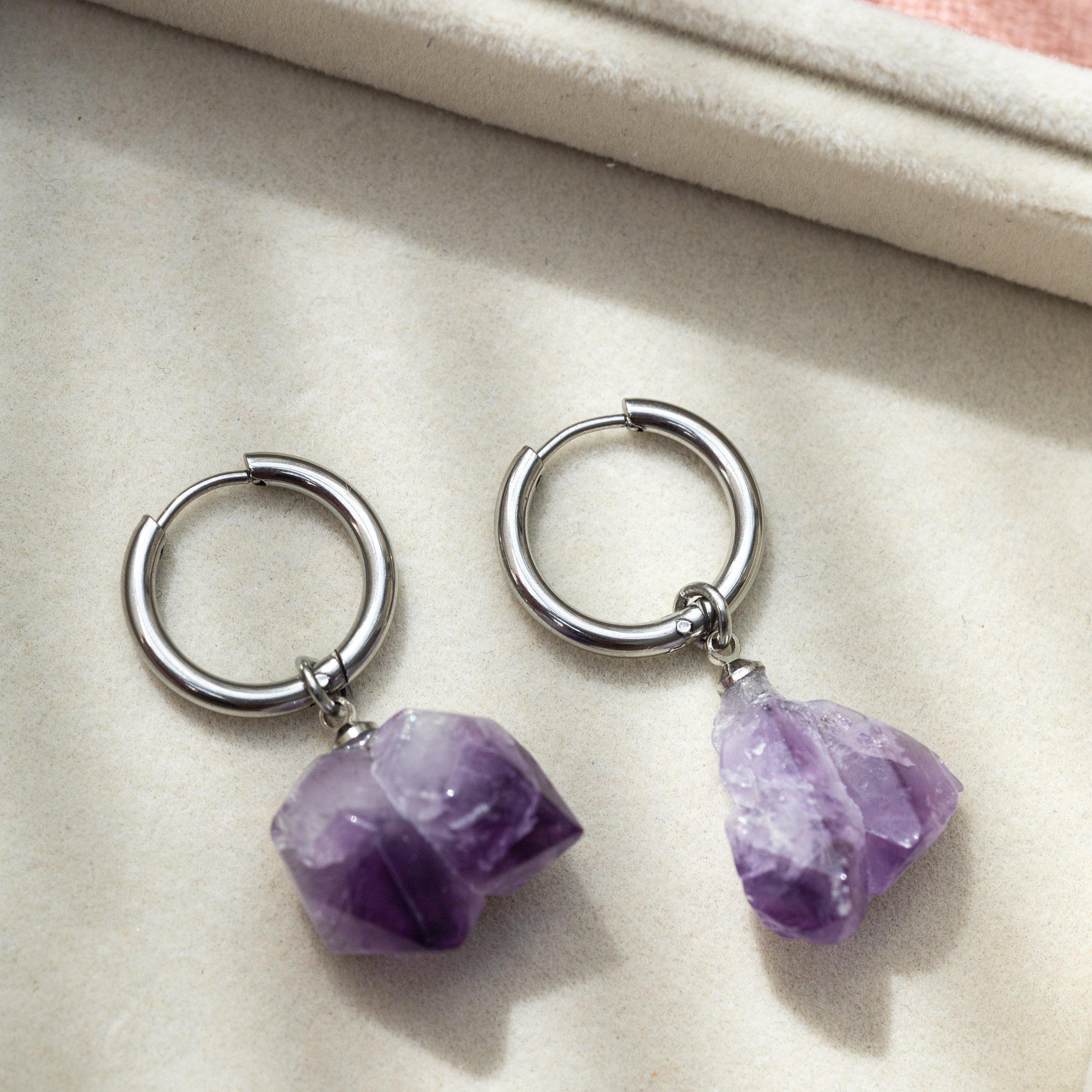 Amethist Oorbellen - Edelsteen Oorhangers - Ruw - Intuïtie