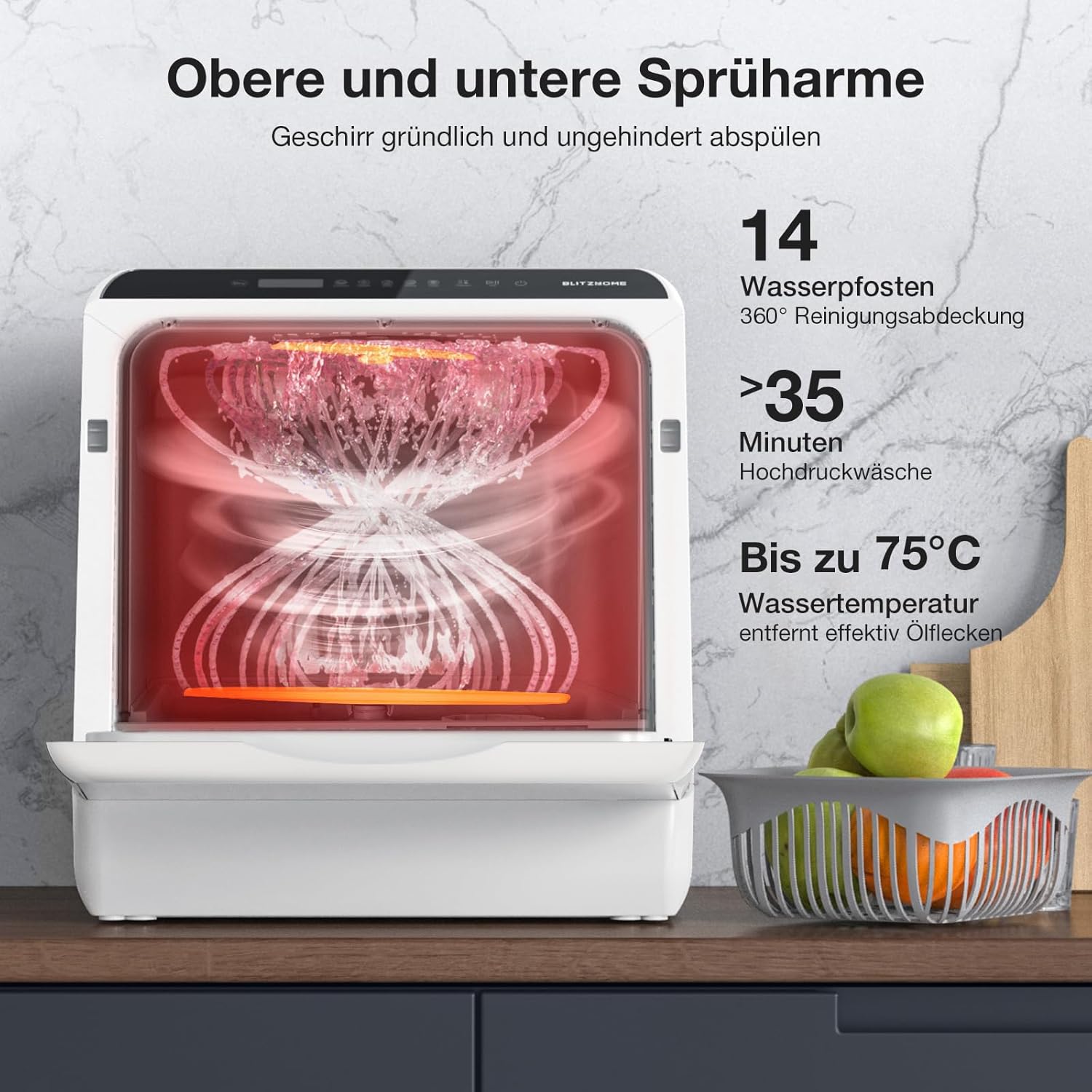 Mini Spülmaschine, BLITZHOME Mini Geschirrspüler App Steuerung, 6 Programme Tragbarer Smart Tischgeschirrspüler mit 5L Wassertank, mit/ohne Wasseranschluss Benutzbar, Trockenfunktion, für Camping