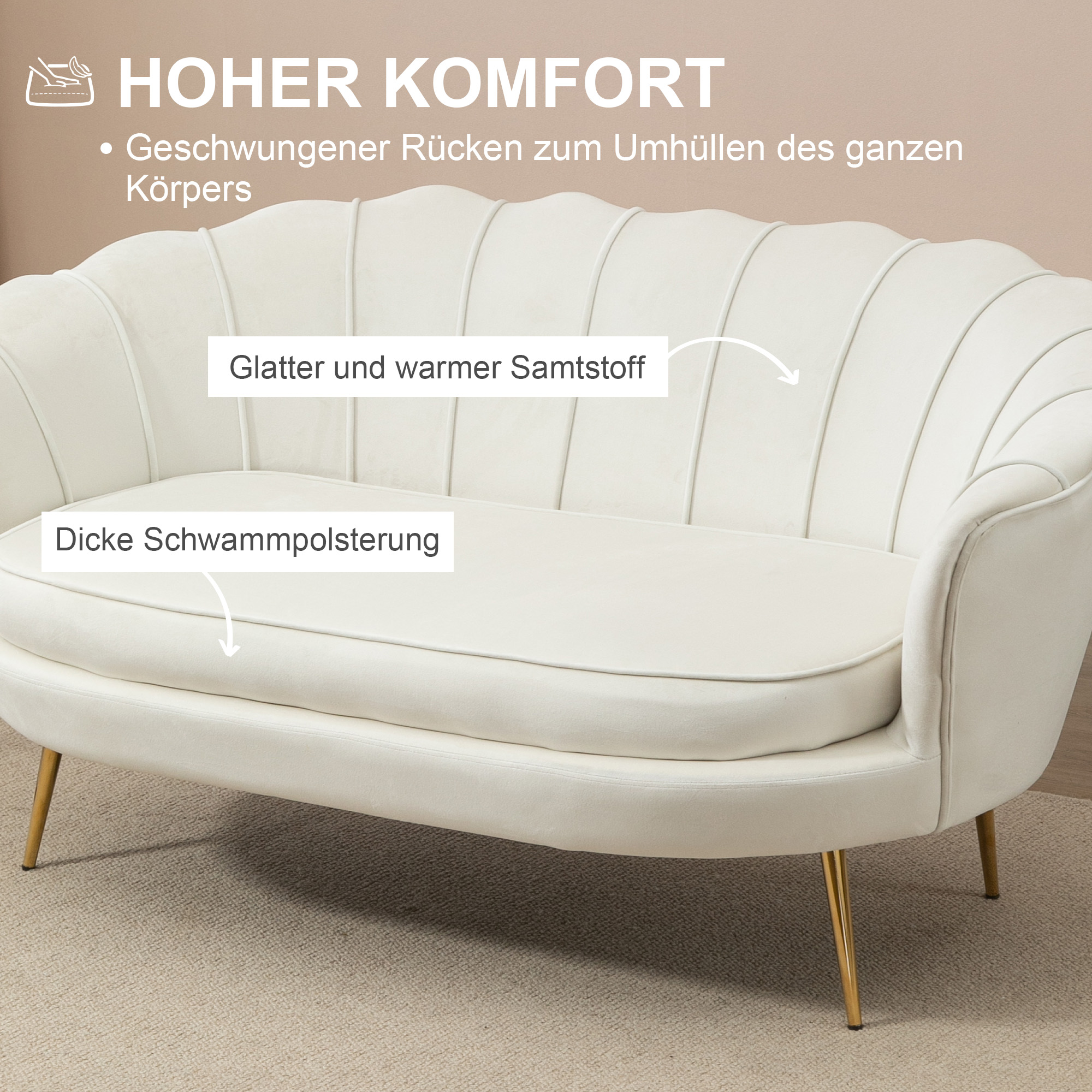 HOMCOM Vintage 2-zitsbank, bank, gestoffeerd meubilair, fluweeloptiek, tot 150 kg, Crème/Goud
