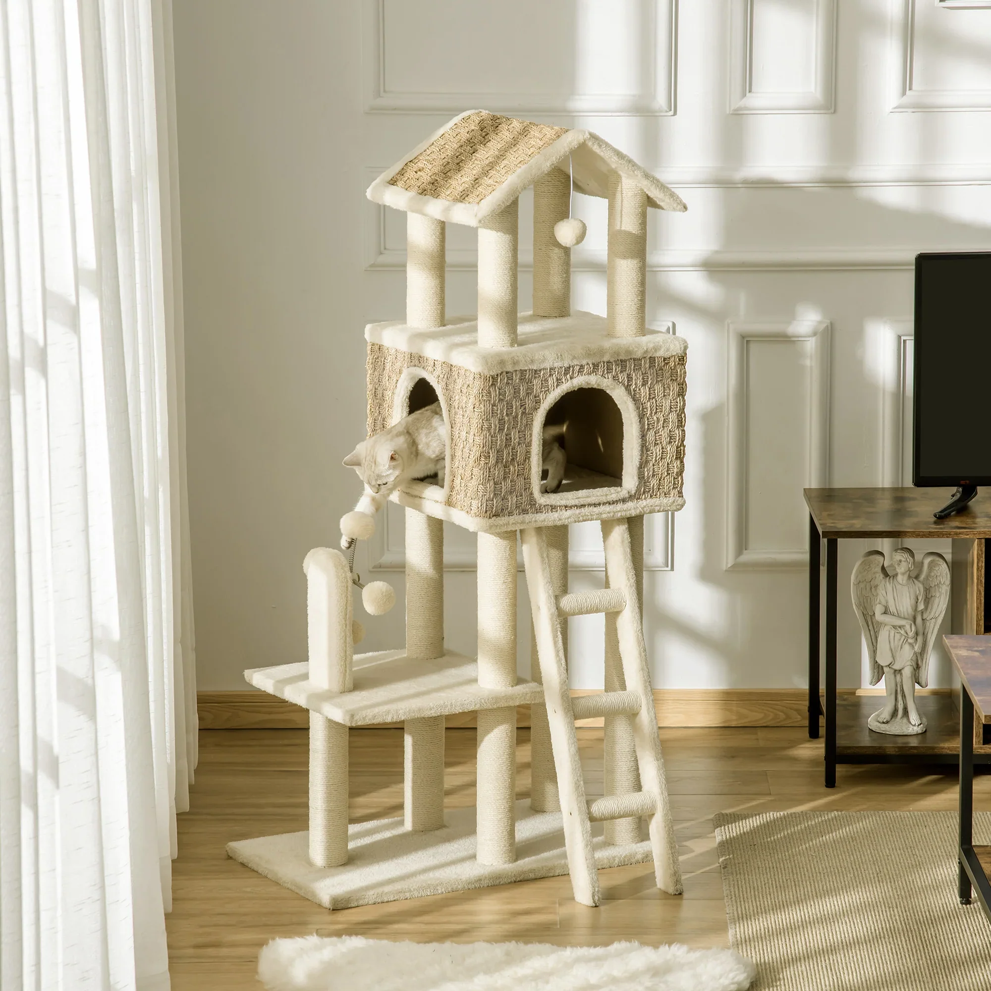 PawHut Krabpaal Kattenhol 2-in-1 met Sisal Krabpalen