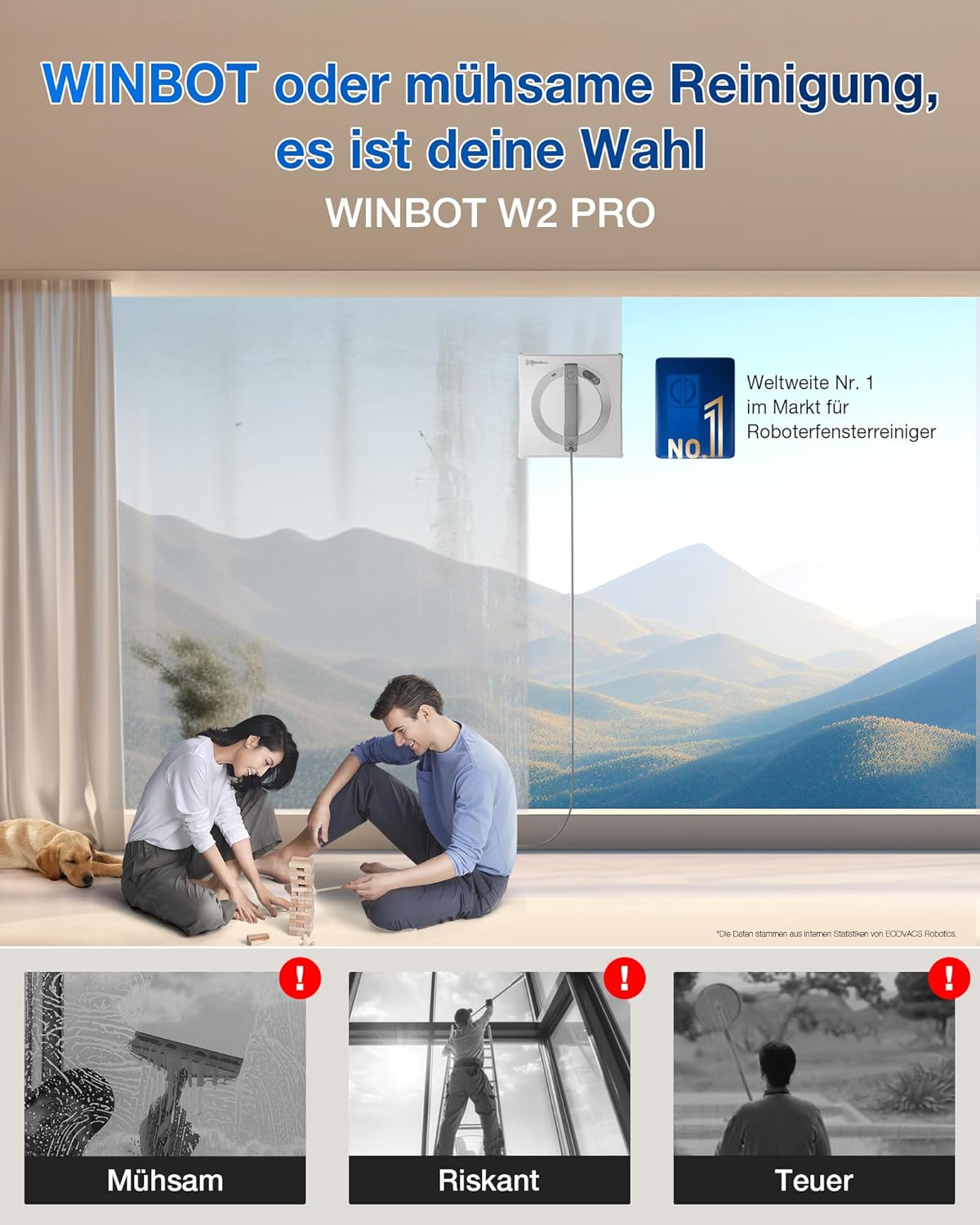 ECOVACS WINBOT W2 PRO Fensterputzroboter, 3-Düsen-Wassersprüher, 10-Stufen-Schutzsystem, Win-SLAM 4.0 Pfadplanung, Steady-Climbing-System, Kanten-Erkennung, App-Steuerung, Weiß