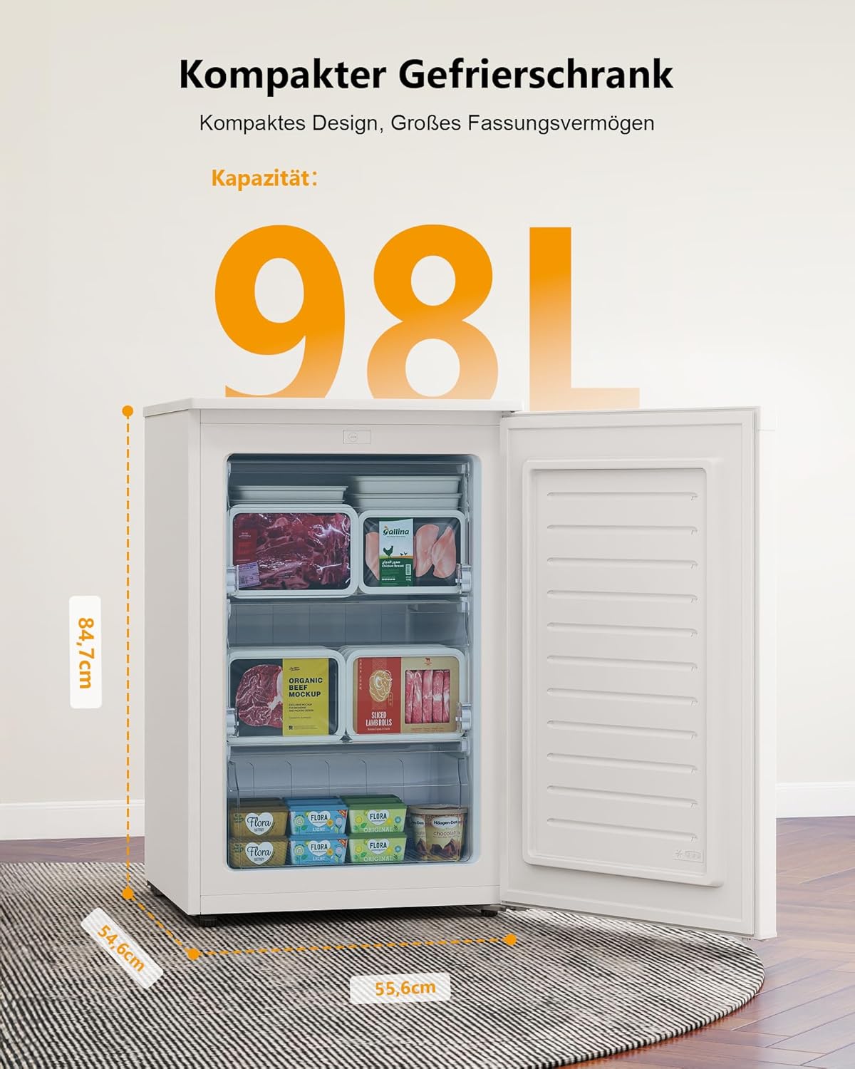 Upstreman 98L Gefrierschrank，Tiefkühltruhe mit 3 Fächer (1 Schublade)，Vier-Sterne-Kühlung Freezer, Gefrierschrank Kompakt UF98-Weiß