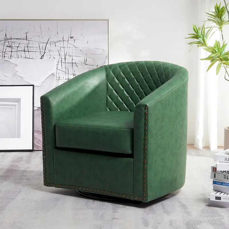KINWELL 29 Wide Tufted PU Leather Swivel Barrel Chair