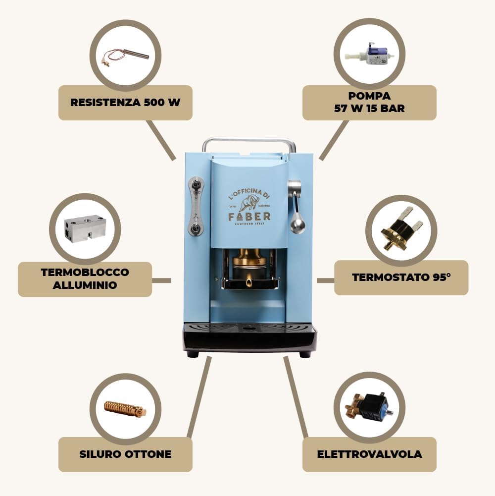 FABER COFFEE MACHINES | Modell Pro Deluxe | Kaffeepadmaschine für 44 mm ESE-Pads | Chrom-Finish | Padpresse aus Messing (Turquoise)