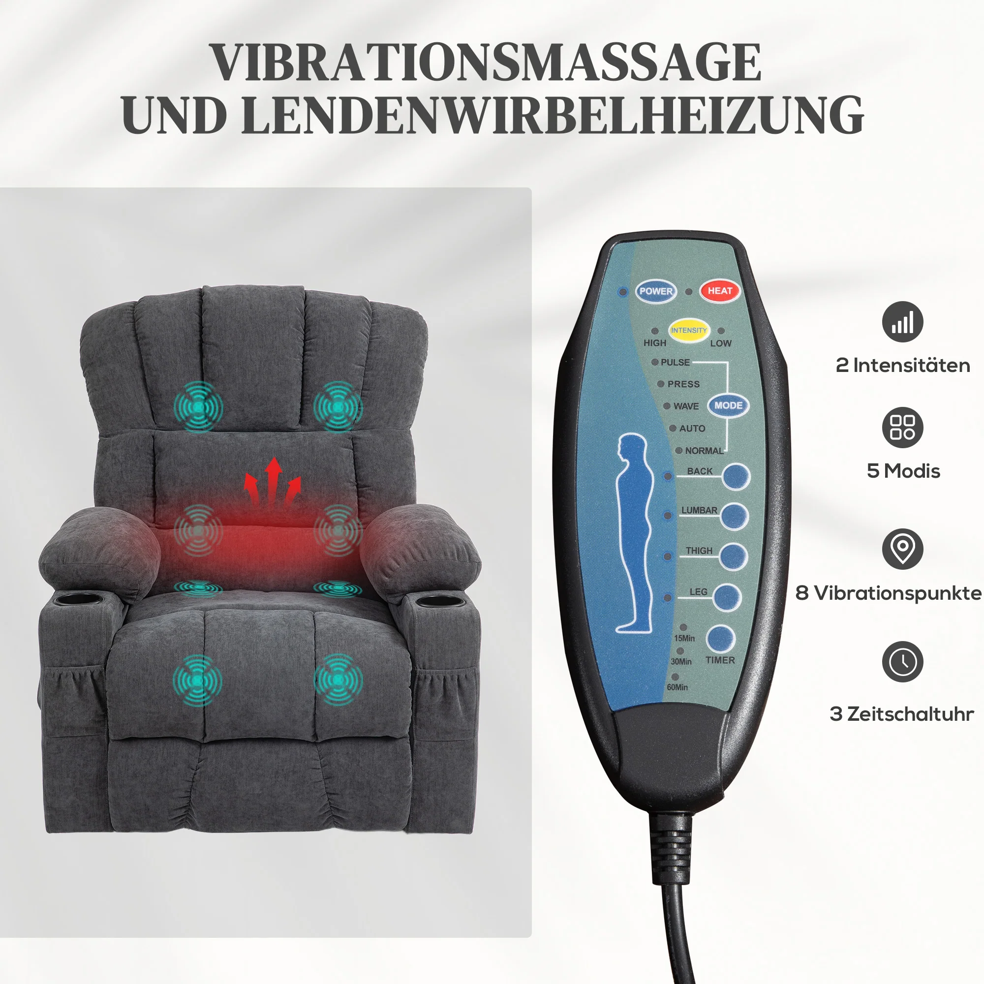 HOMCOM Elektrische Power Lift Sta-op-Stoel met Massage- en Verwarmingsfunctie, USB-Aansluitingen, Bekerhouders, Donkergrijs