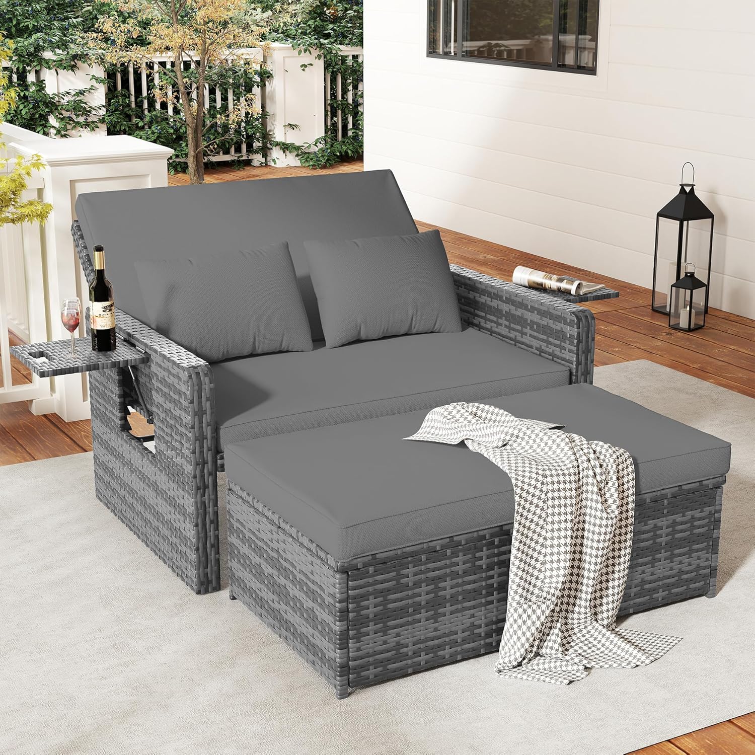 Amopatio Rattan Gartenlounge Outdoor Set, 2-Sitzer Gartensofa mit Verstellbarer Rückenlehne und Stauraum, Wetterfestes Lounge Möbel für Balkon und Terrasse, mit Hocker und Kissen, Grey
