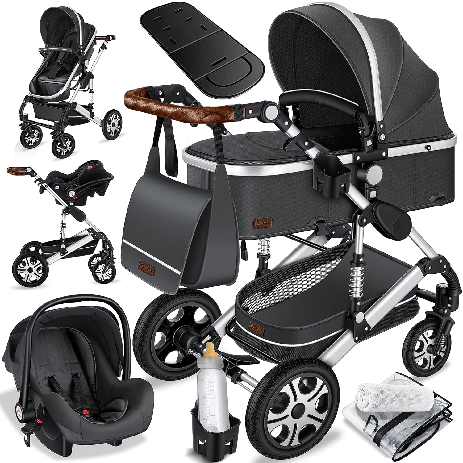 KESSER® Loops 3 in 1 Kinderwagen Kombikinderwagen Komplett-Set inkl. Babywanne & Buggy Sportsitz & Auto-Babyschale Voll-Gummireifen Wickeltasche Regenschutz Kindertisch ECE R129, Grau/Silber