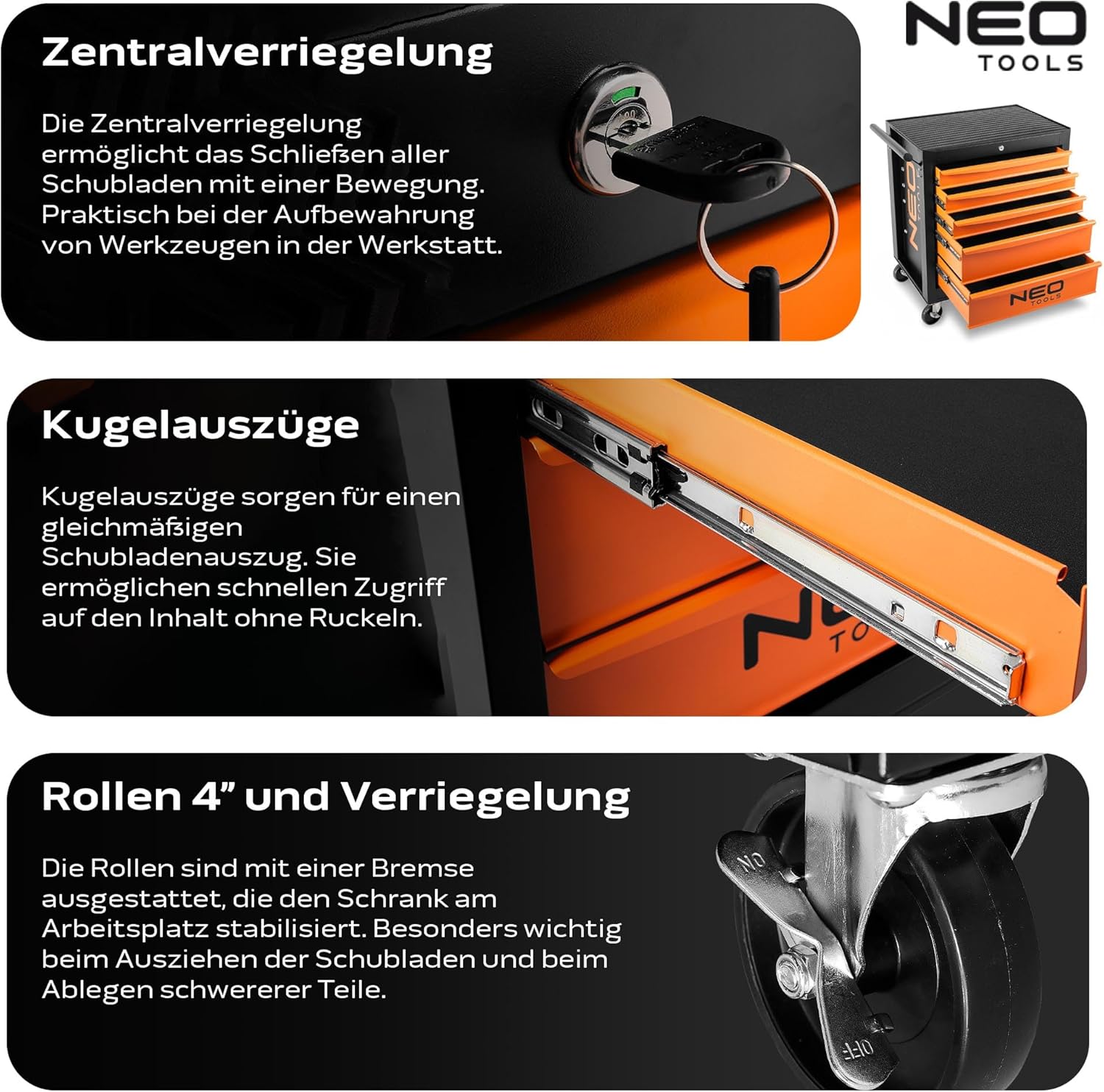 NEO TOOLS Werkzeugschrank 680x460x1030 mm, 7 Werkzeugschubladen, Belastbarkeit 280 kg, öl- und fettbeständiges Oberteil, Zentralverriegelung, Schubladenverriegelung, 5