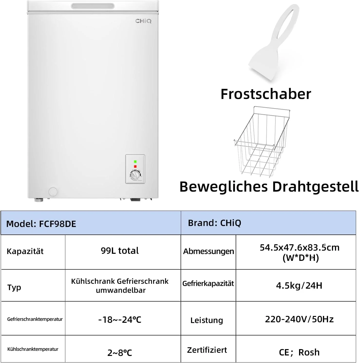 CHiQ FCF98DE Congelatore a pozzetto 99 L, 54,5 x 47,6 x 83,5 cm, congelamento 4 stelle, controllo termostatico, cestello in filo, porta bilanciata, silenzioso, bianco