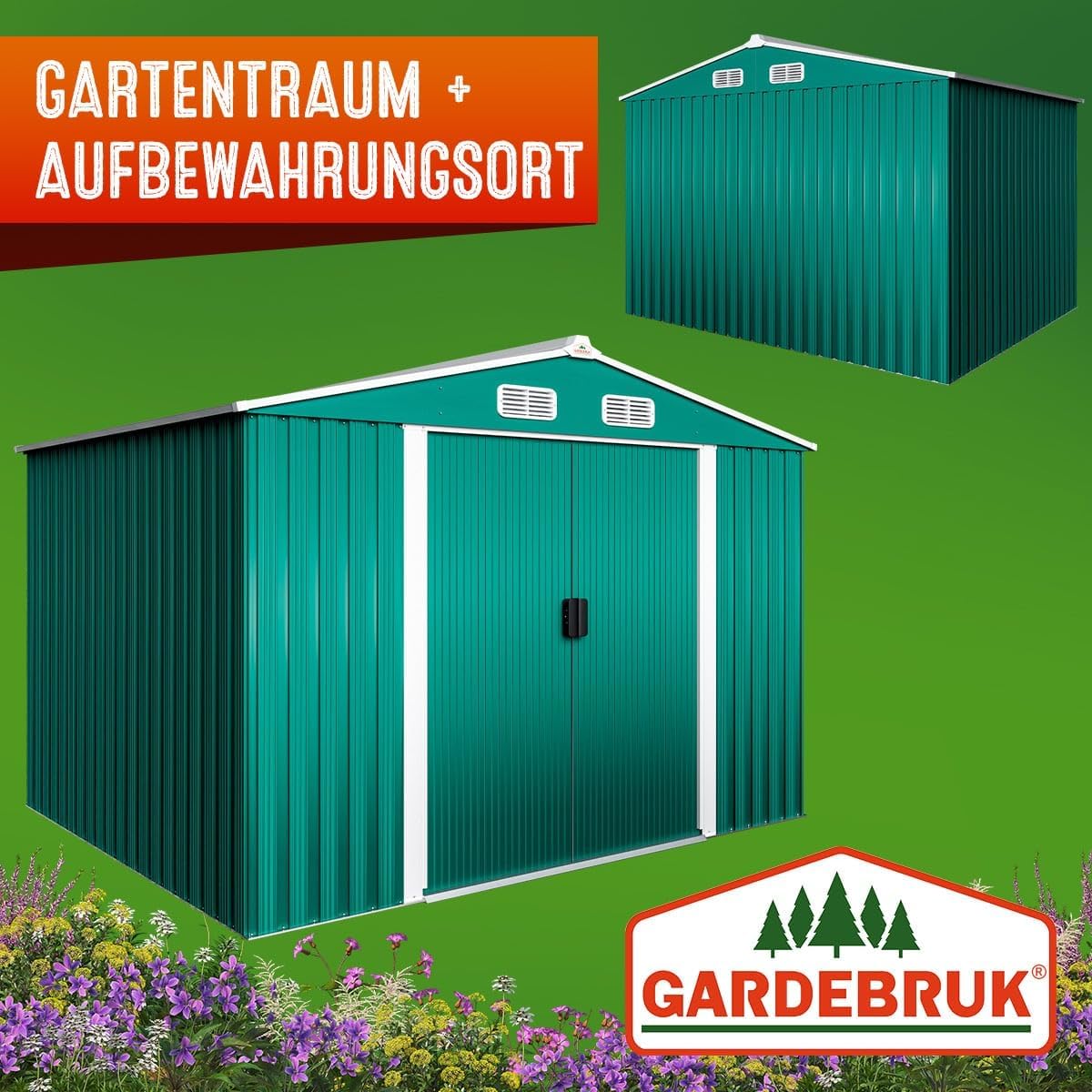 GARDEBRUK® XXL Metall Gerätehaus 5m² mit Fundament 260x205x180cm Schiebetür Grün Geräteschuppen Gartenhaus 9m³