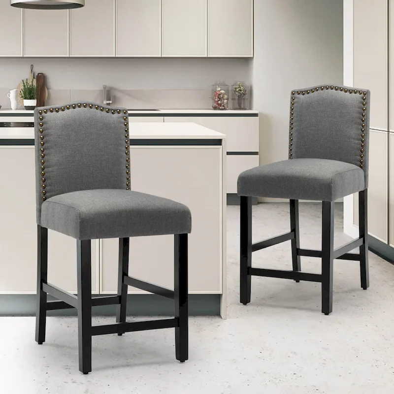Set of 2 Counter Height Bar Stools with Back - 24-Inch Fabric Upholstered Design and Nailhead Trim