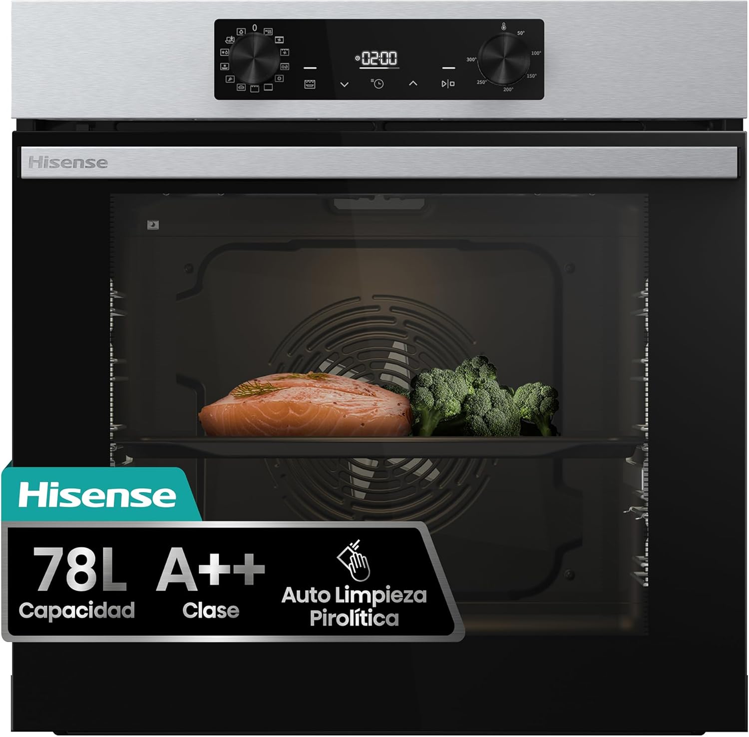 Hisense BI64216EPX - Horno Multifunción Pirolítico, Clase A++, 78L, Fondo 57cm, Guía Telescópica, Calentamiento Rápido, Apertura Y Cierre Suave de Puerta, Air Fry, Modo Pizza, Modo Congelados, Inox