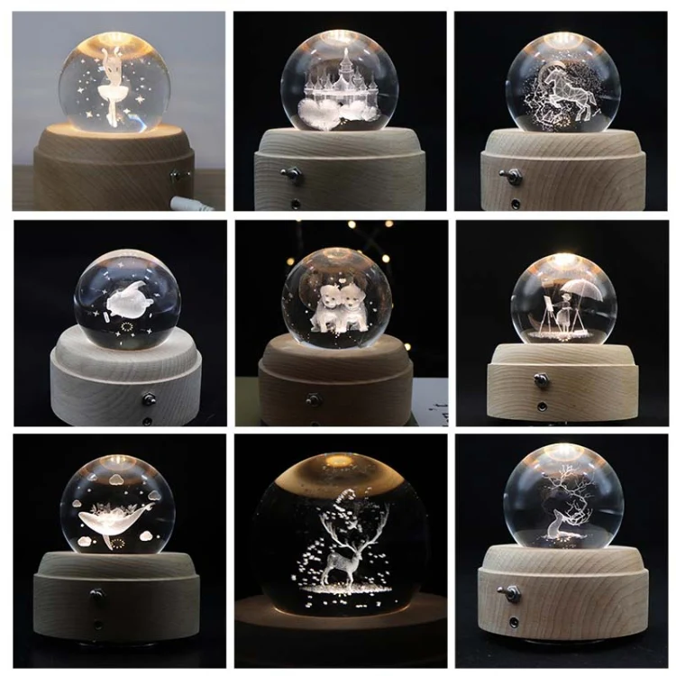 Girl Bedside Lamp Crystal Ball Wooden Base Music Box Charging Glow Rotating Night Light, Random Music, Ballet, Castle, Unicorn, Flying Pig, Dogs, Drawing Girl, Whale, Deer, Deer Head, Cat, Mermaid, Dandelion, Balloon Bear, Christmas Tree, Double Pig.