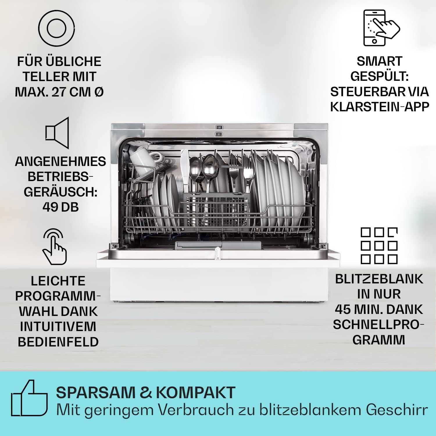 Klarstein  ia 8 - Spülmaschine, Geschirrspüler, Freistehend, Teilintegriert, F, 55 cm breit, 8 Maßgedecke, 6 Programme, Aquastop, silber