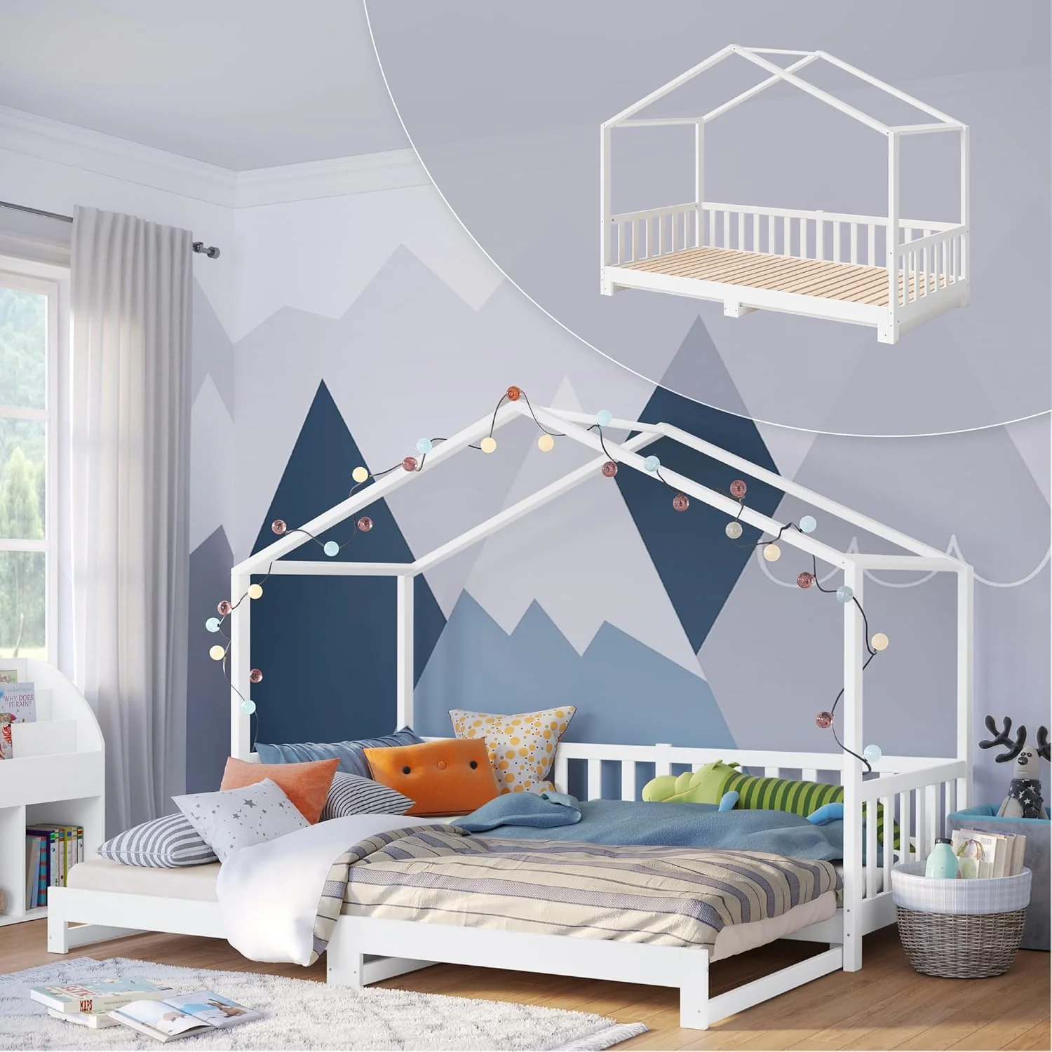Bellabino Kinderbed Bia 140x200 cm, huisbed kinderen incl. uitvalbeveiliging en lattenbodem, Montessori vloerbed wit van massief grenenhout