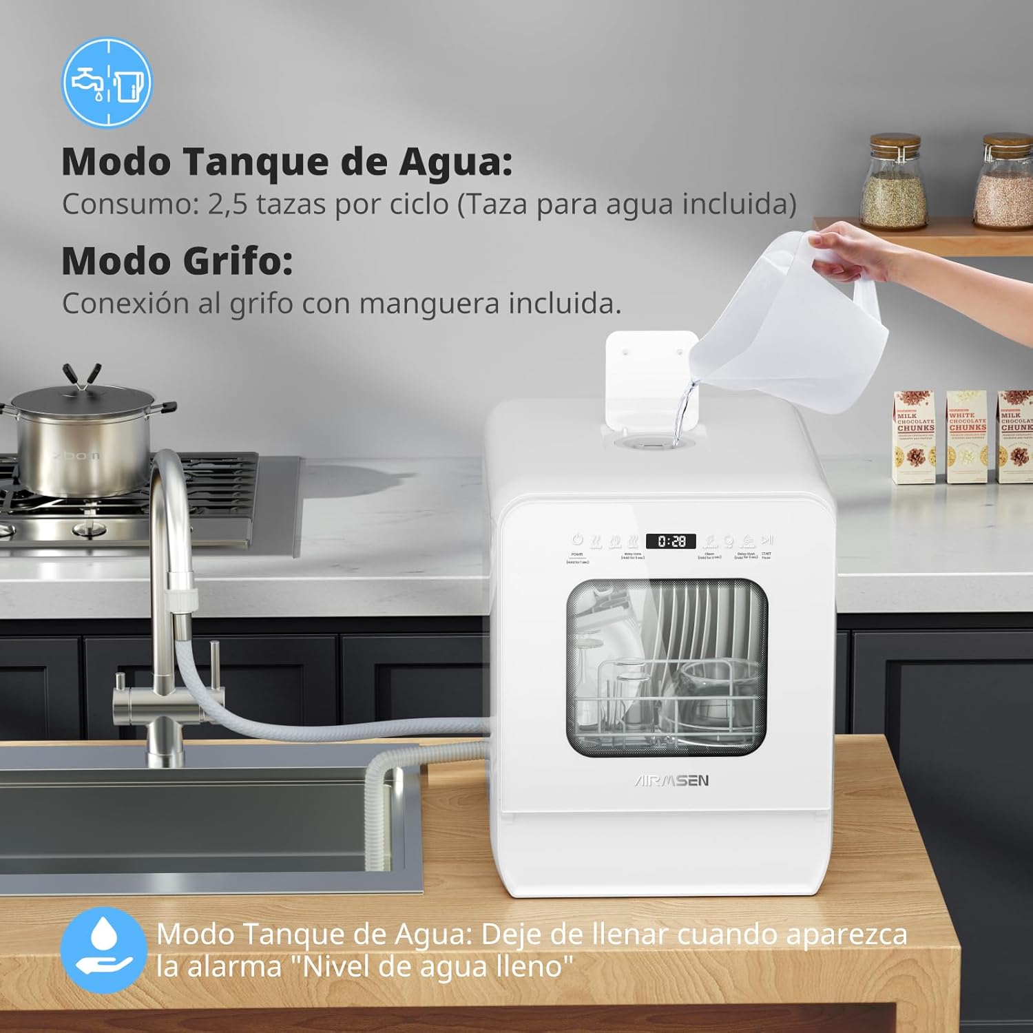 AIRMSEN Lavavajillas de Encimera Mini Lavavajillas con Tanque de 5L, 7+2 Programas Diseño Ultra Estrecho (37x50cm) y Gran Profundidad Lavavajillas Compacto Rociado Dual 360° Blanco (Blanco)