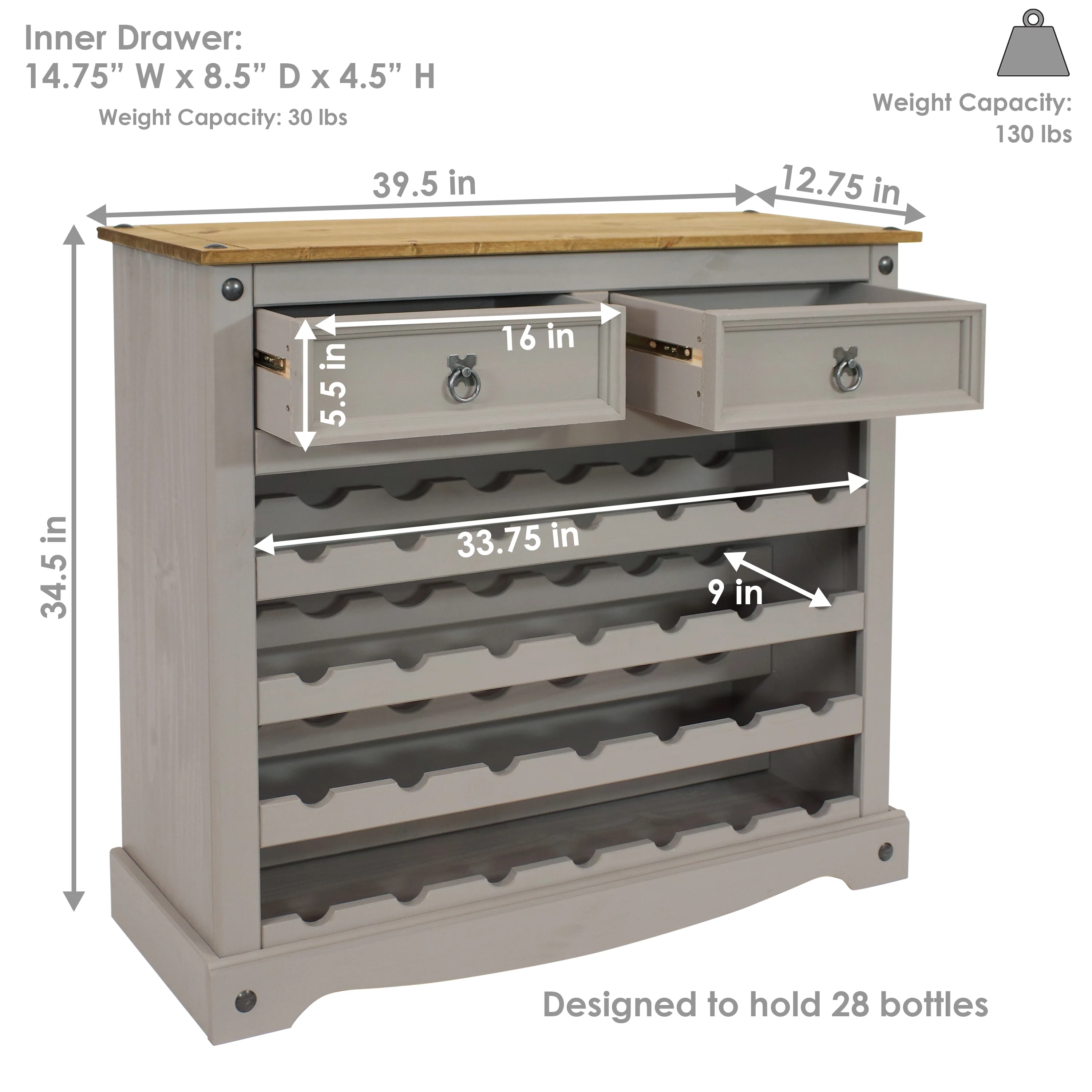 2025 Mesa estante para vino de pino macizo Sunnydaze – 28 botellas, gris, 88 cm