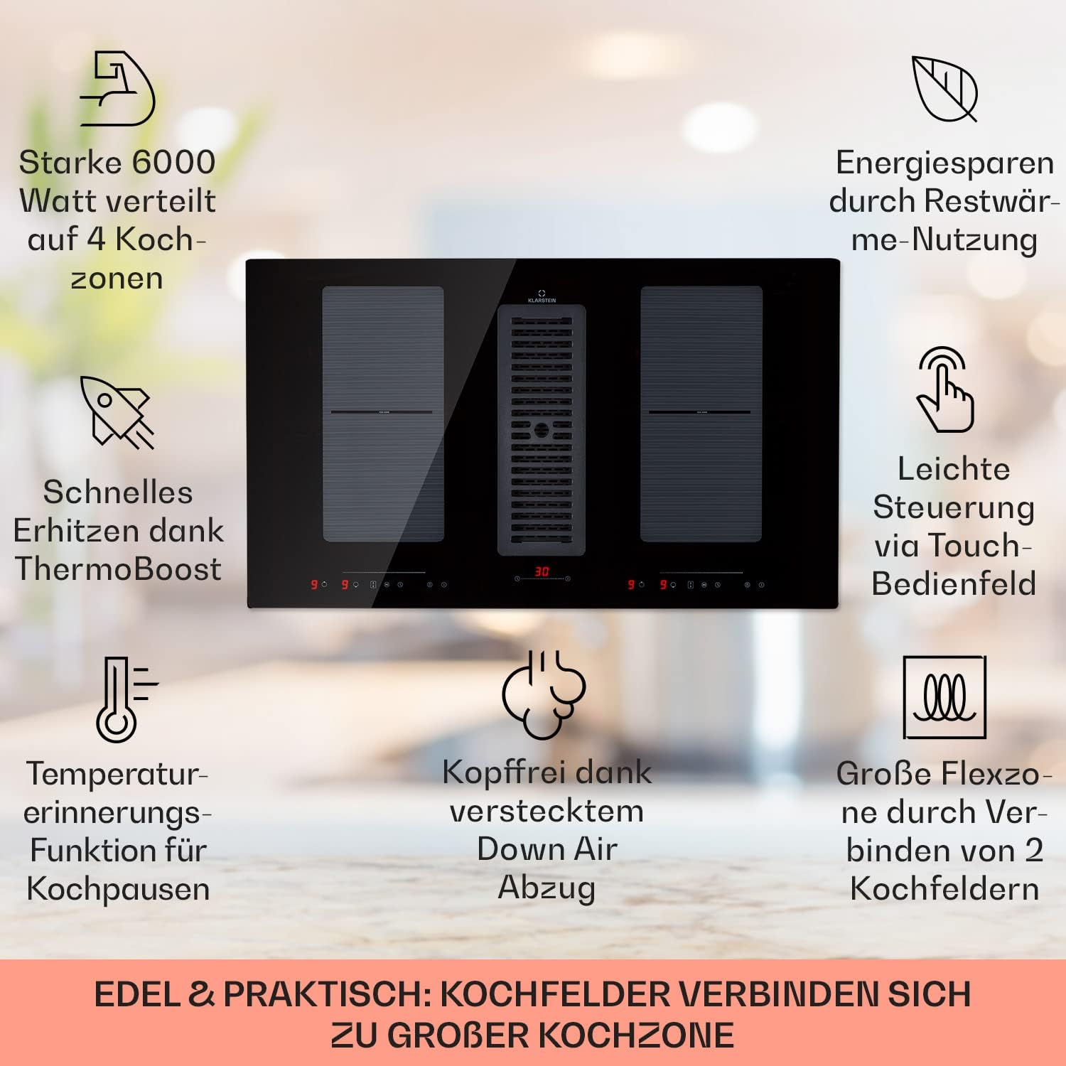 Klarstein 2-in-1 Induktionskochfeld mit Dunstabzug, Induktionskochfeld mit Abluft & Ventilator, 4-Zonen-Kochfeld, Glaskeramik-Einbauherd, Kochfeld mit Dunstabzug, Energieklasse A, 654m³/h Luftstrom