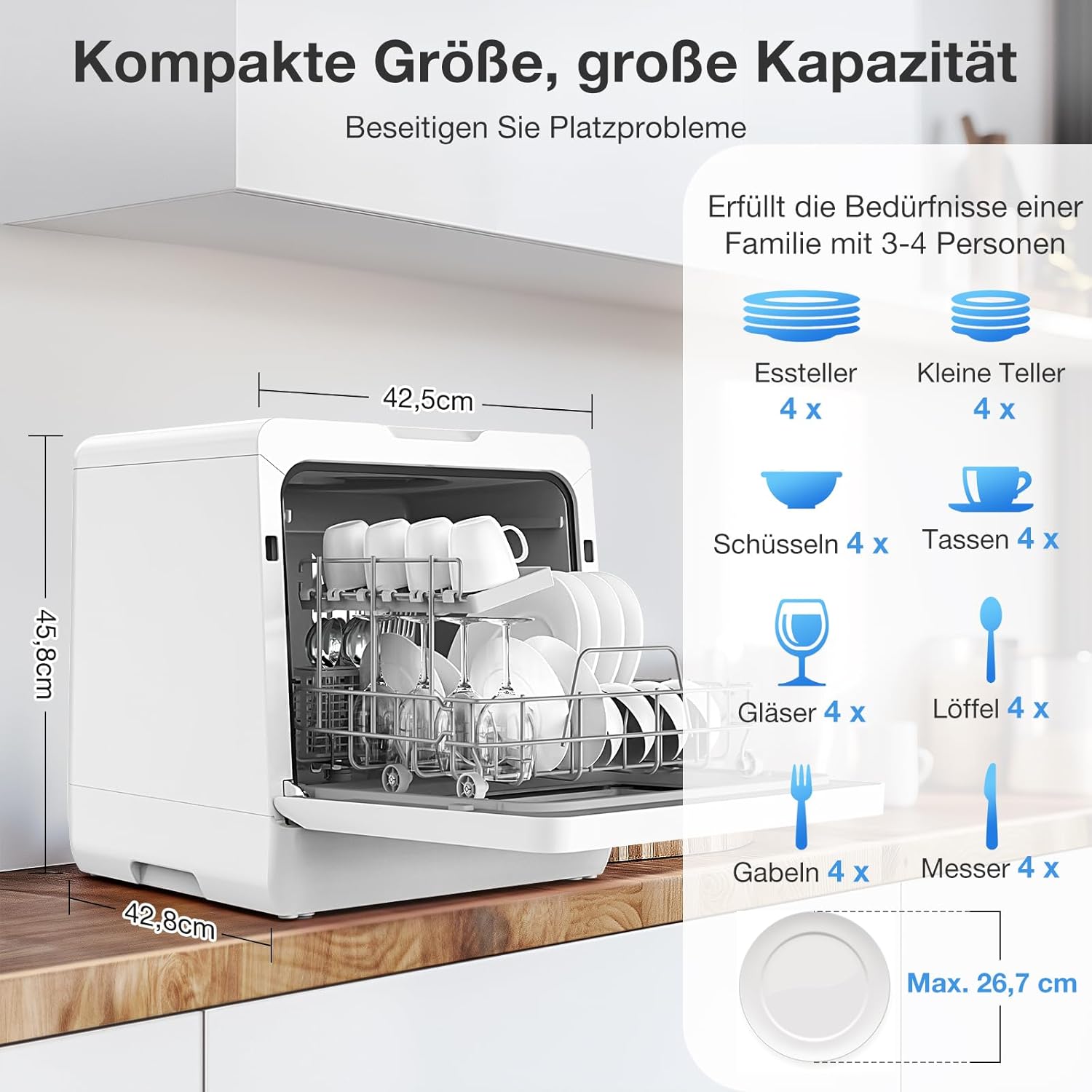 Mini Spülmaschine, BLITZHOME Geschirrspüler 8+2 Programme Smart App Steuerung Tragbarer Tischgeschirrspüler 5L Wassertank,mit/ohne Wasseranschluss Benutzbar, Trocken, Startverzögerung, Kindersicherung