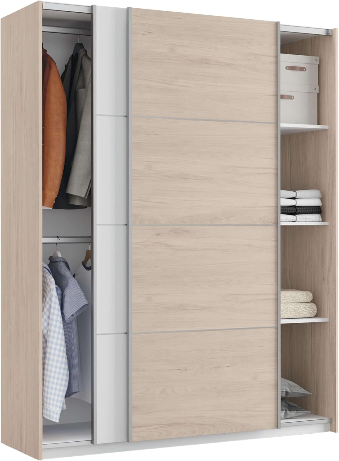 MUEBLES PITARCH | Bedroom Wardrobe Wardrobe 2 Sliding Doors Aluminium Profile 2 Bars, Aurora White and Oak, 200 x 150 x 62 cm (Height x Width x Depth), Modern, Onix Model