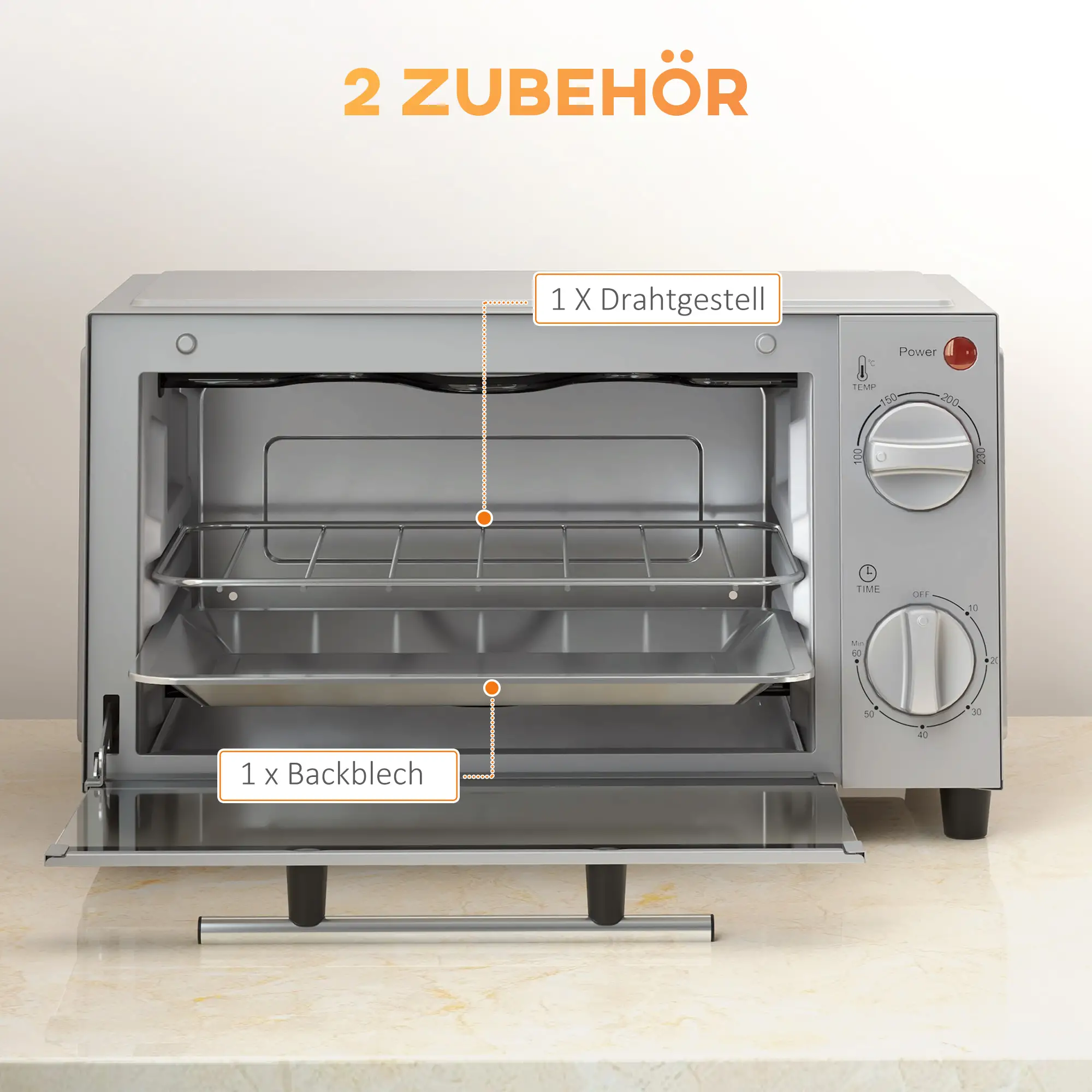 HOMCOM Minibackofen Elektro mit Timer & Sichtfenster Edelstahl