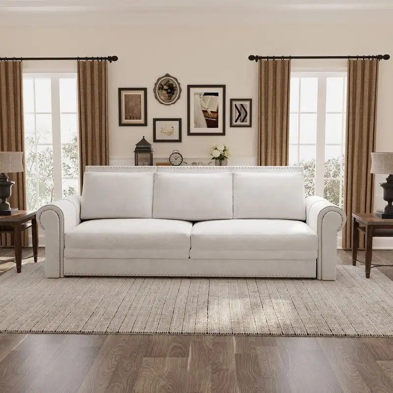 3-in-1 King Pull Out Sofa Bed Chesterfield Sofa, Velvet/Faux Leather Convertible Sleeper Sofa with Nailhead Trim & Rolled Arm