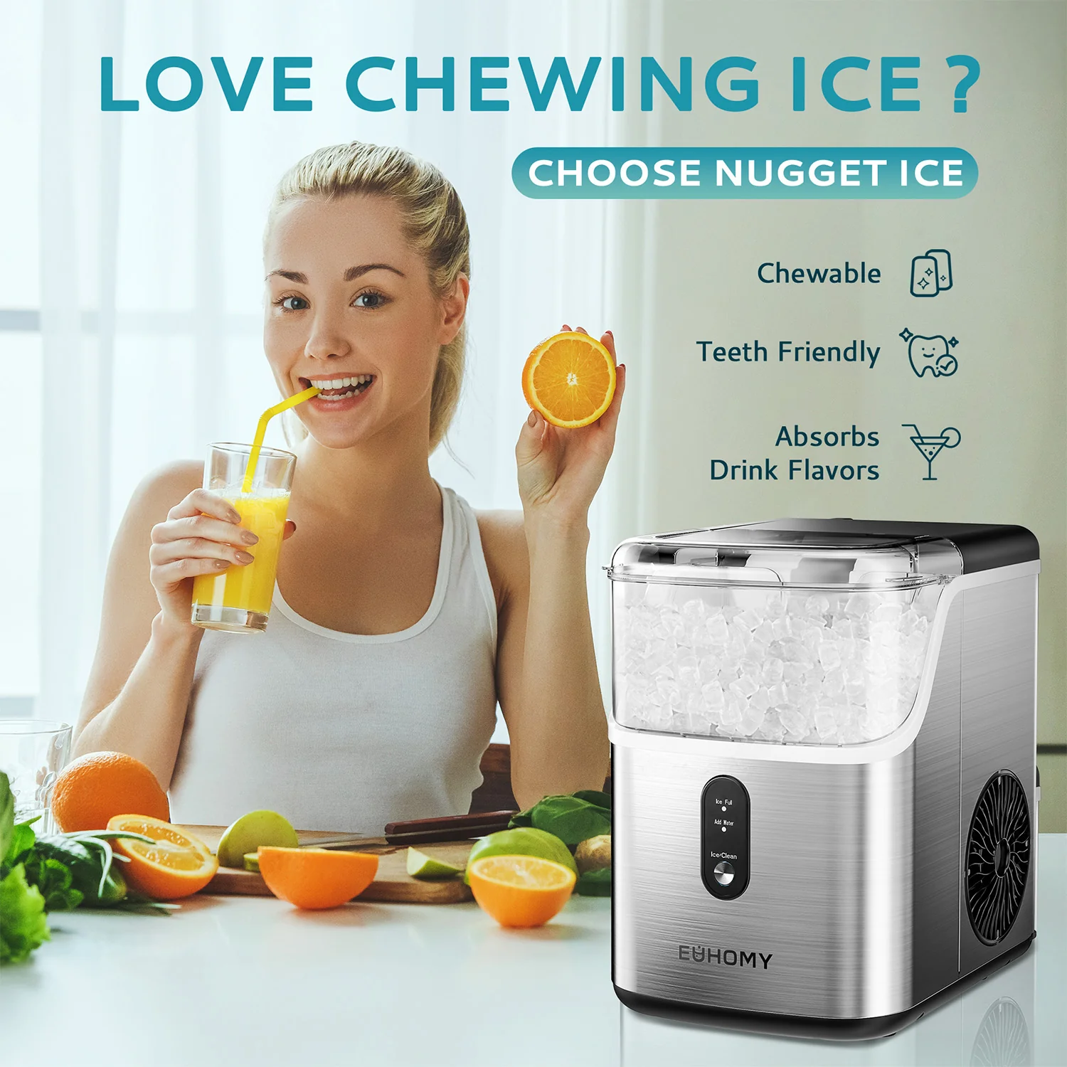 EUHOMY Pebble Ice Maker Machine with 35lbs/24H Soft Ice, Self-Cleaning Including Cleaner Descaler