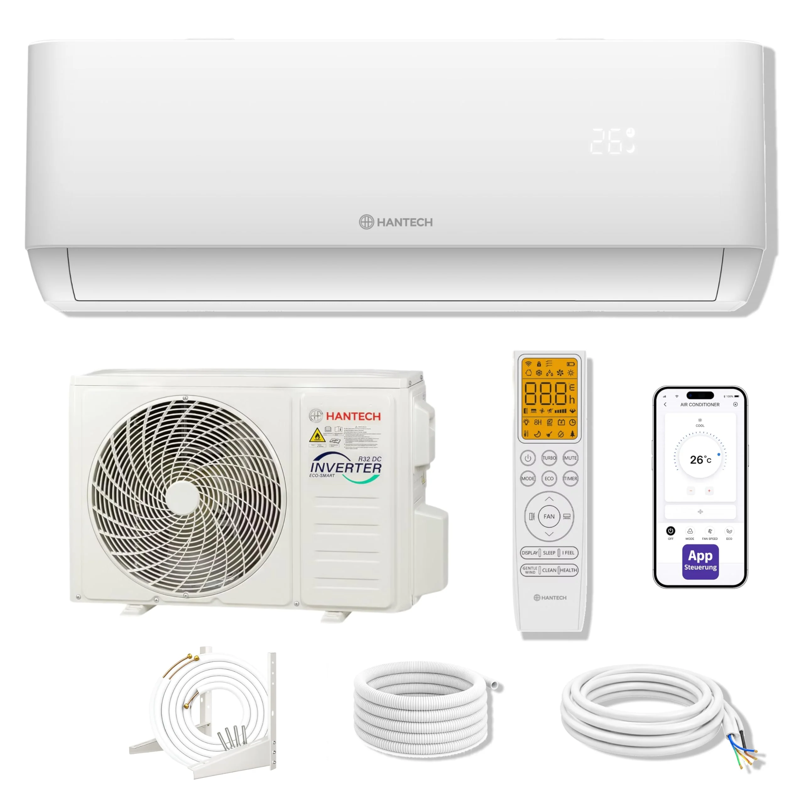 HANTECH H-PRO Split-Klimaanlage 12.000 BTU – Inverter, EEK A++, Heizen & Kühlen, WiFi, Alexa, Weiß
