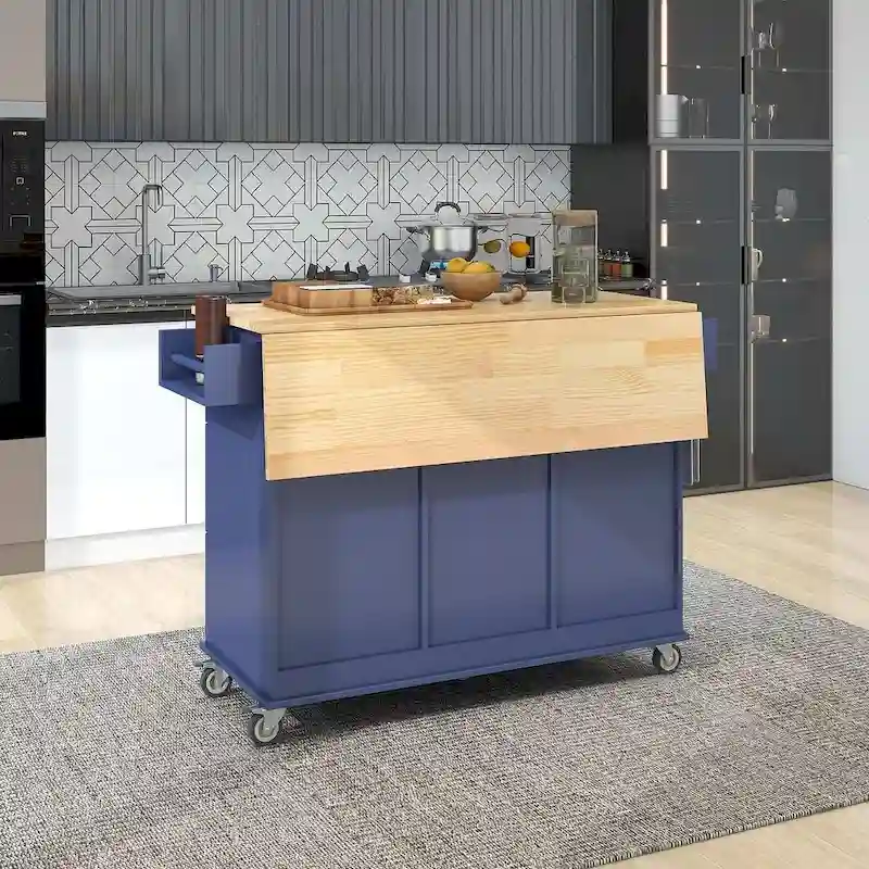 Mobile Kitchen Island on Wheels with Drop Leaf and Solid Wood Top