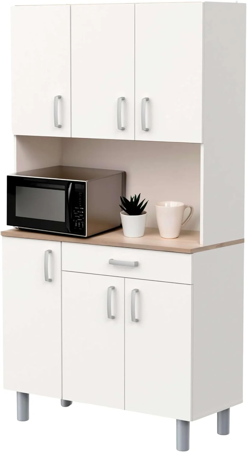 Miroytengo Kitchen Side Cabinet, Kitchen Cabinet, Buffet Kitchen Cupboard 6 Doors White and Oak Kronberg 101 x 185 cm