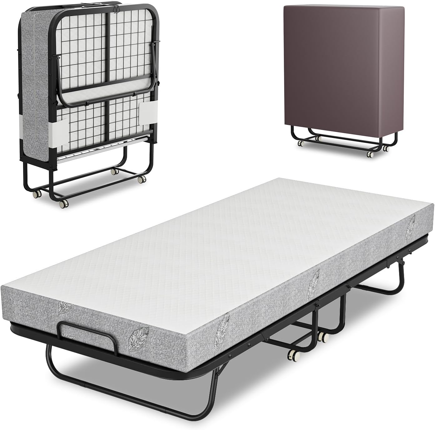 Cama plegable de 90 x 200 cm, cama plegable para invitados, incluye colchón de espuma de 13 cm y funda protectora, sin montaje, marco plegable de metal estable, con 4 ruedas, capacidad de