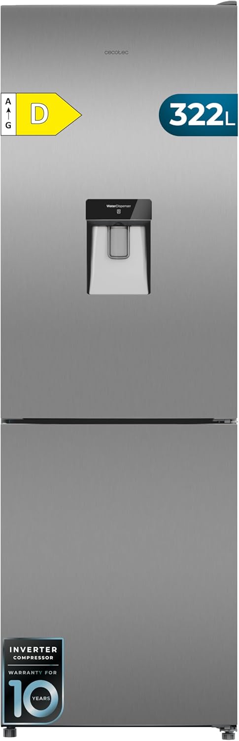 Cecotec Frigorífico Combi Con Dispensador de Agua 322L Bolero CoolMarket Combi 322i WD Inox D. 185,5cm de Alto, 59,5cm de Ancho, Tecnología Multi Airflow, HumidityFlex HUB, LED Interior