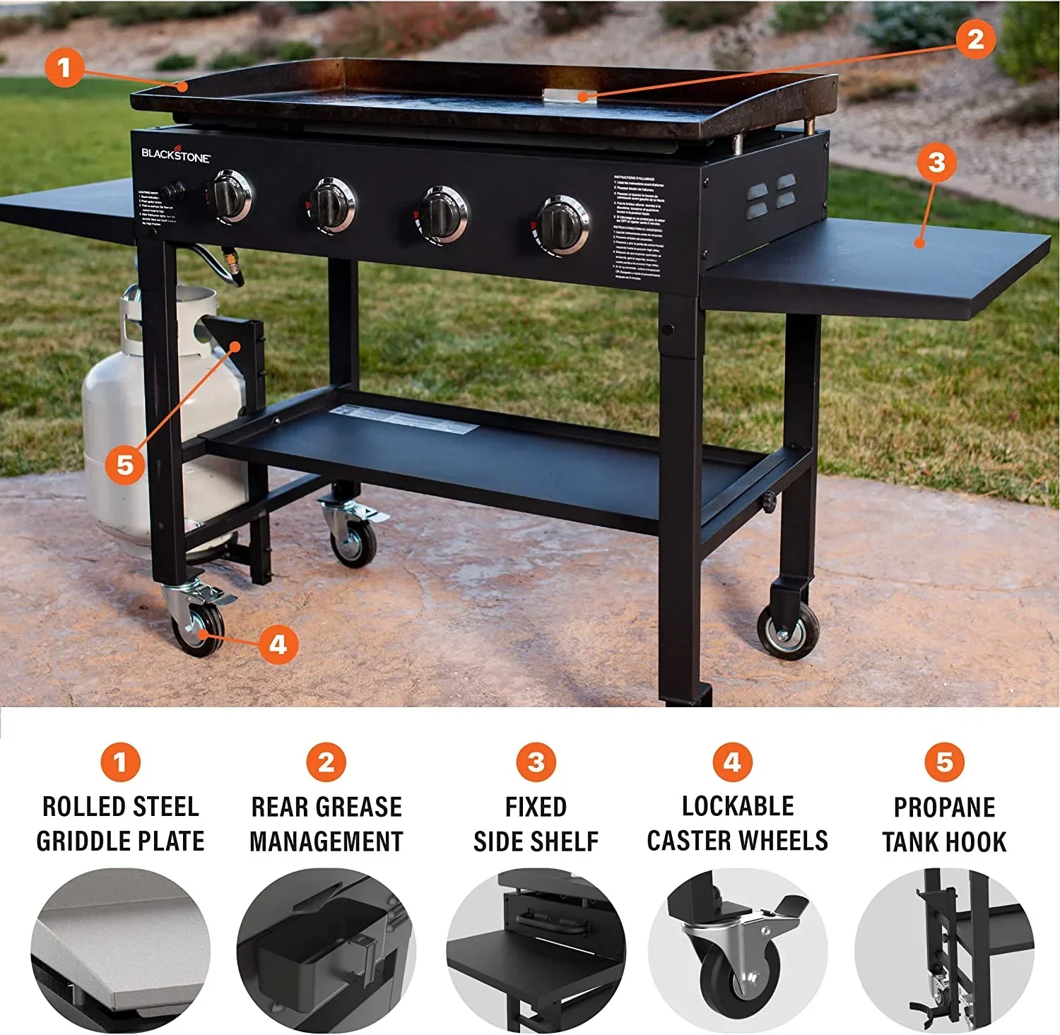 36 Inch Gas Griddle Cooking Station 4 Burner Flat Top Gas Grill Propane Fuelled Restaurant Grade Professional 36- Outdoor Griddle Station with Side Shelf (1554)