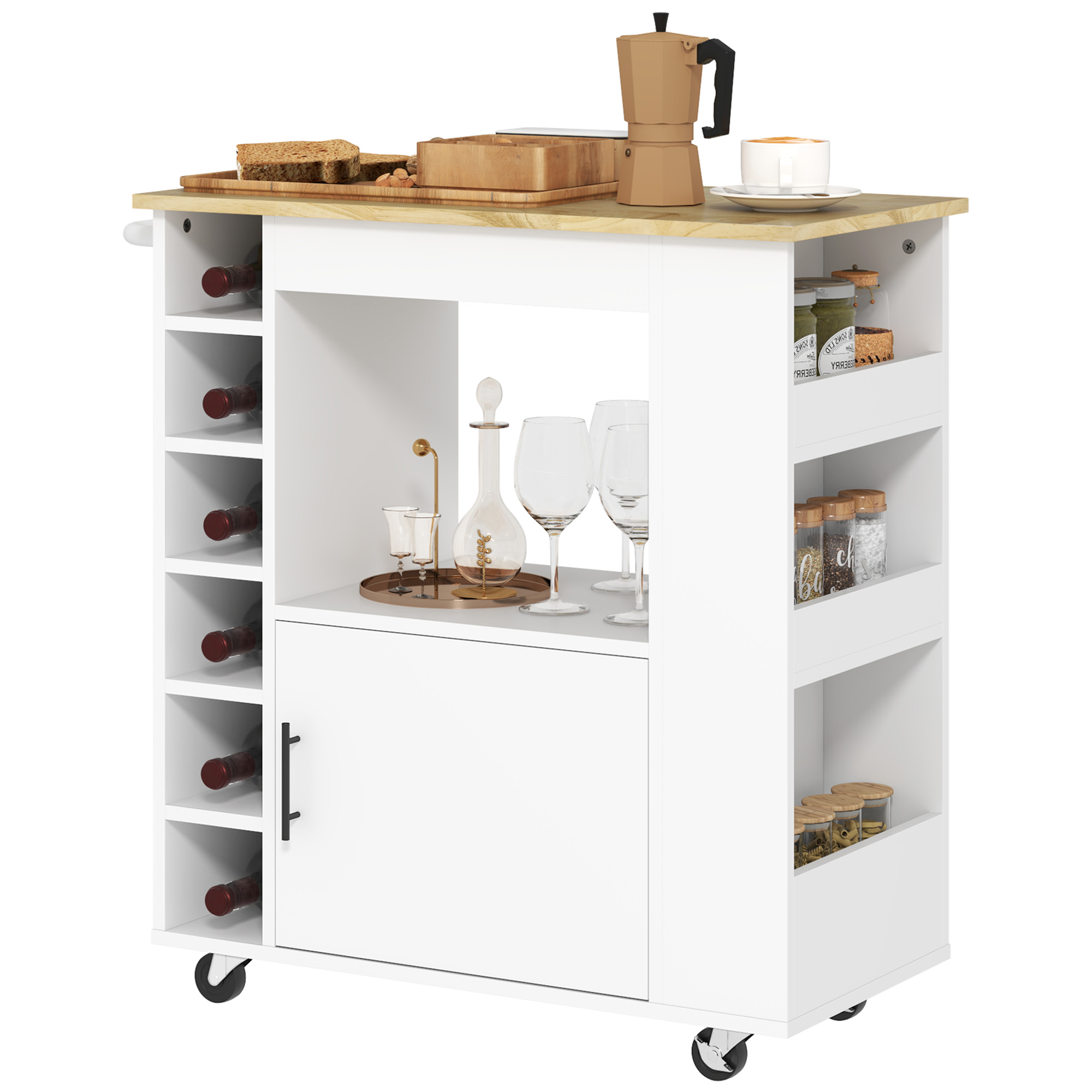 HOMCOM Keukentrolley, Rolbare Keukeneiland, Keuken-Trolley met Vakken, Wijnrekken, Kast en Werkblad, Wit
