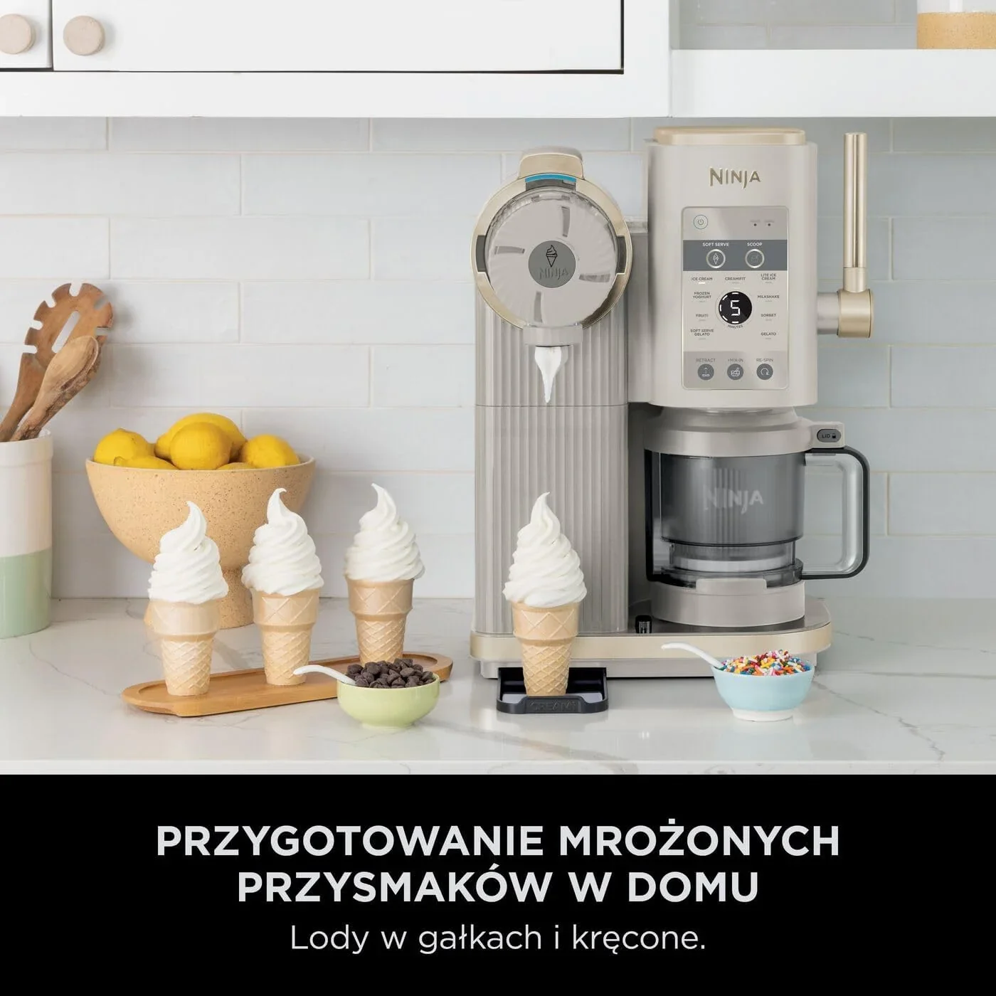 Ninja CREAMi Scoop and Swirl Maszyna do lodów z 2 pojemnikami, 13 funkcji, przygotowuje lody, lody włoskie, gelato, koktajle mleczne i inne desery, opcja dodatków, kamienne złoto, NC701EUSTGD