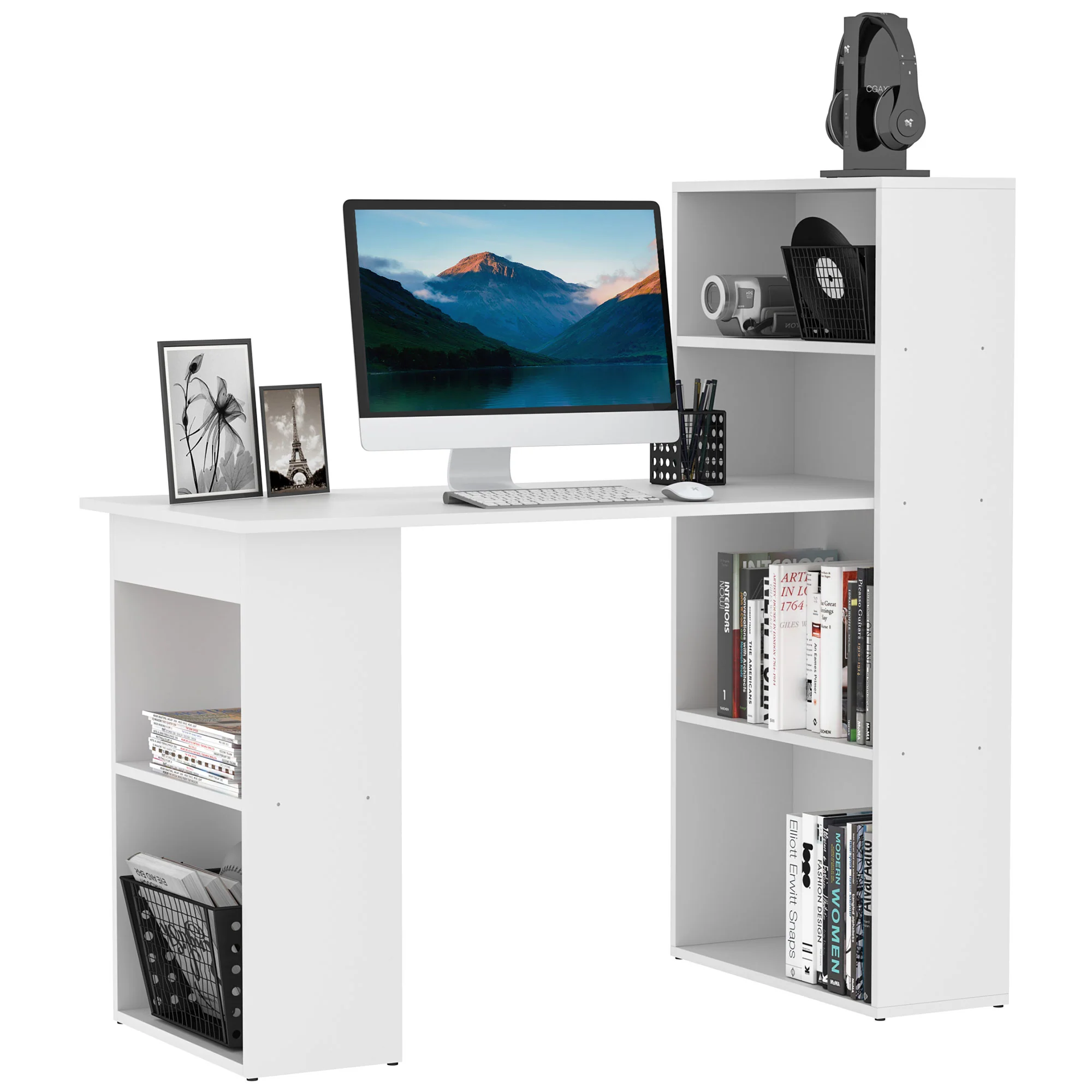 Escritorio de Ordenador Moderno de 120 cm con Estantería, Mesa de Estudio y Estación de Trabajo con 6 Estantes, Blanco