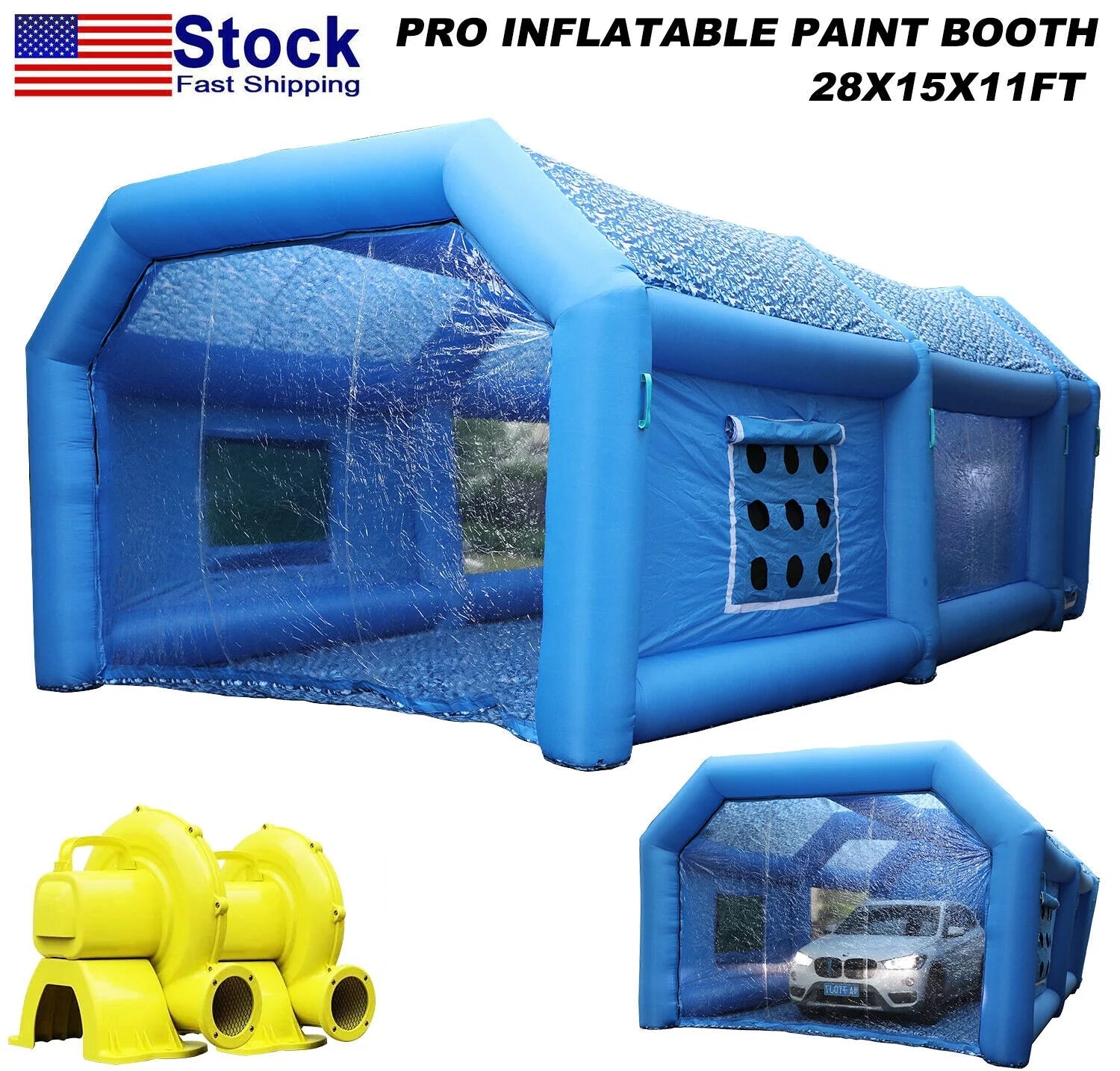 Portable Painting Tent Workstation Inflatable Spray Paint Booth 28x15x11FT with 2 Blowers 950W and 350W, with Filter System Tool Room for Garage Spraying Auto Parts Full-Size Car