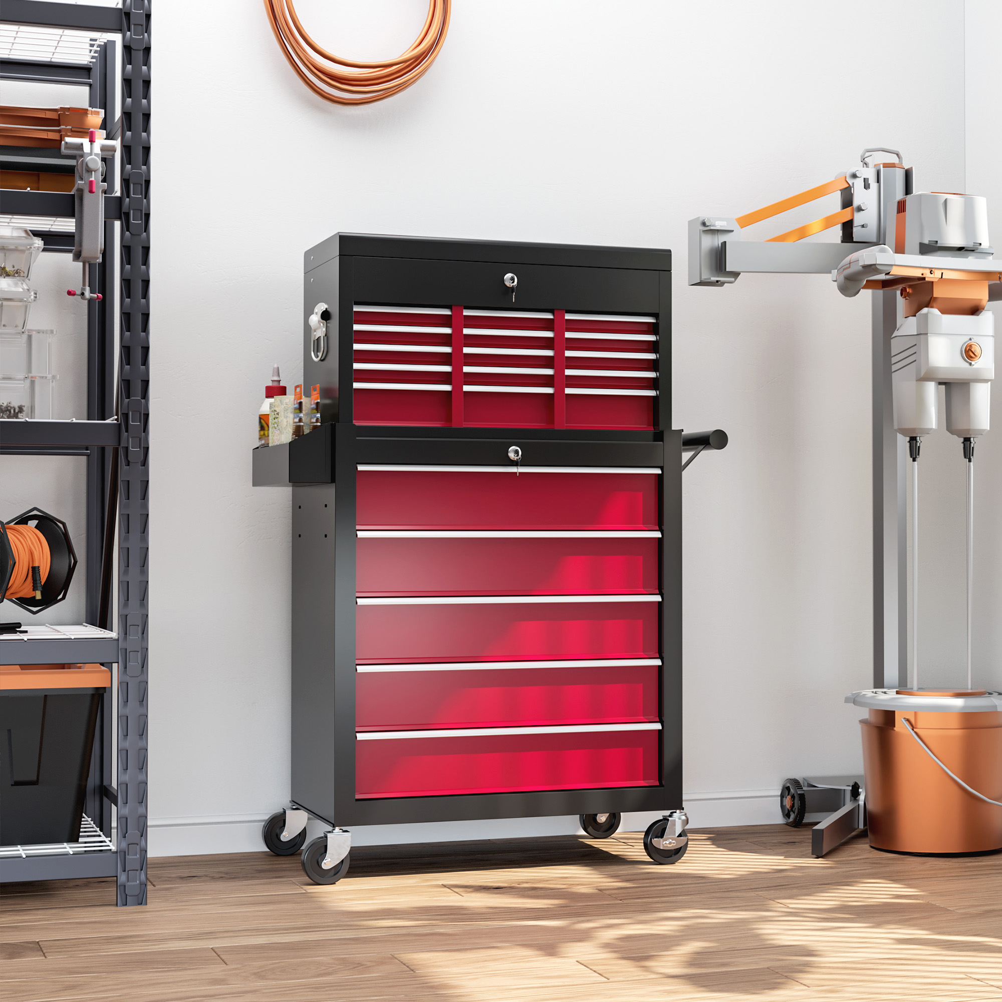 HOMCOM Gereedschapswagen, Tweedelig, Afsluitbaar, 14 Laden, Zijwand met Gaten, Staal, Rood
