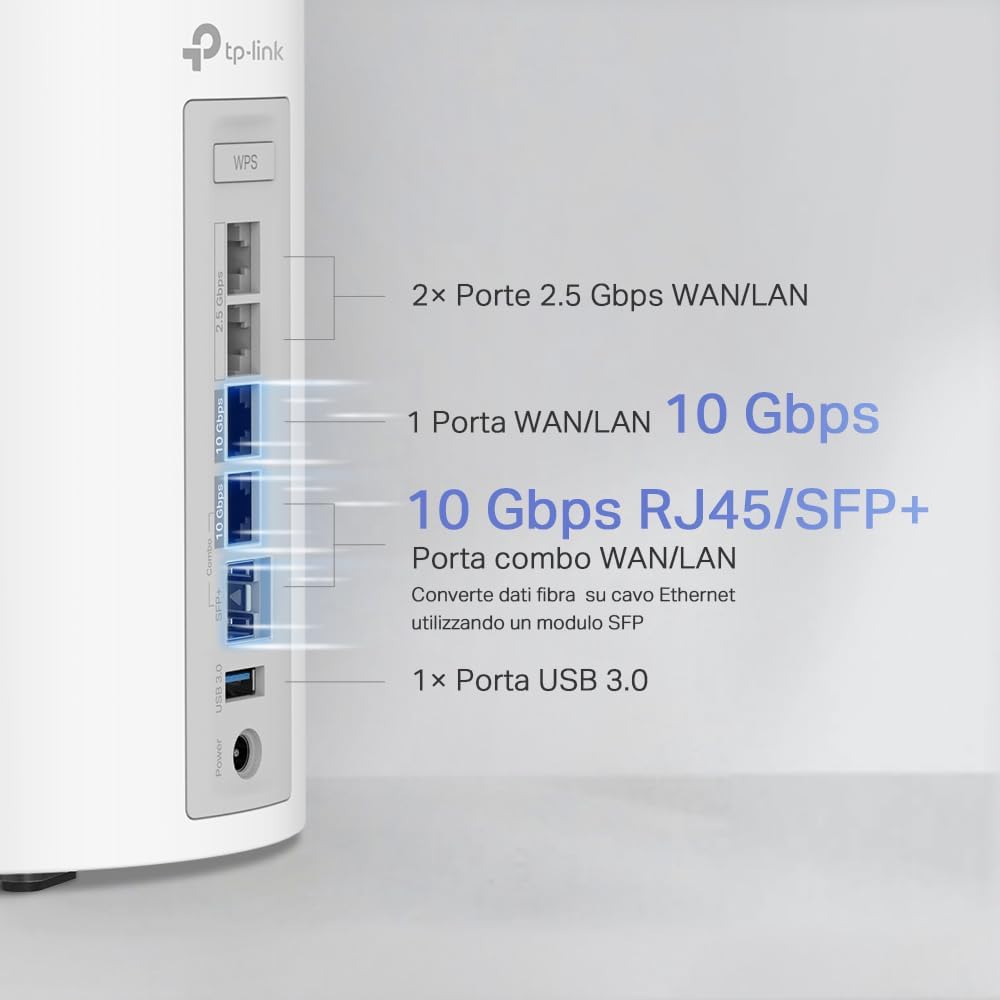 TP-Link WiFi 7 Deco BE85(2-pack) Router Mesh WiFi, BE19000Mbps Tri-Band, Canali 320 MHz, Porta 10Gbps Combinata Ethernet/Fibra, Ripetitore, Alexa, Funziona con Qualsiasi ISP e Modem, 2 Pacchi