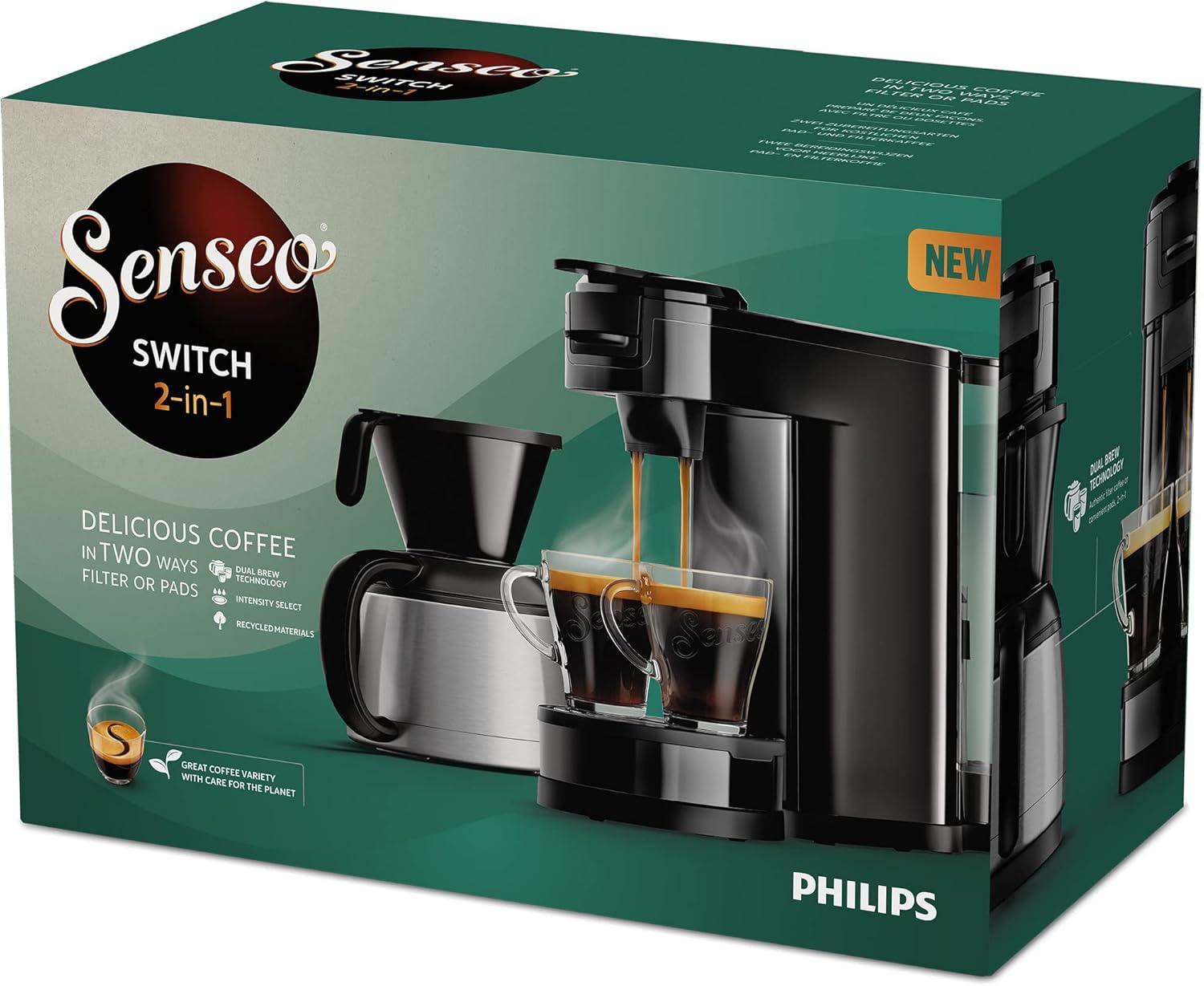 Philips Senseo Switch Pad- und Filterkaffeemaschine, 2-in-1-Brühtechnologie, 1-Liter-Wasserbehlter, 7 Tassen in einem Durchgang, Klavierlackschwarz (HD6592/64)